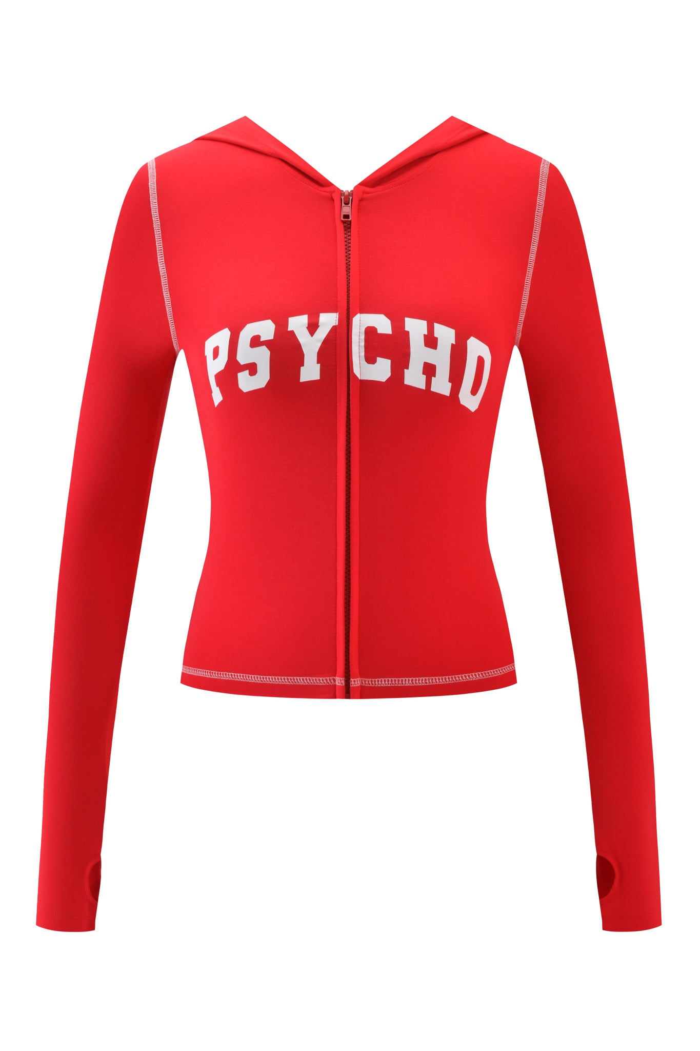 The BLARE HOODIE - RED : PSYCHO : SALSA by I.AM.GIA is a bright red, long-sleeve zip-up hoodie with a hood, bold "PSYCHD" white lettering across the chest, and thumb holes on the sleeves for added comfort and style.