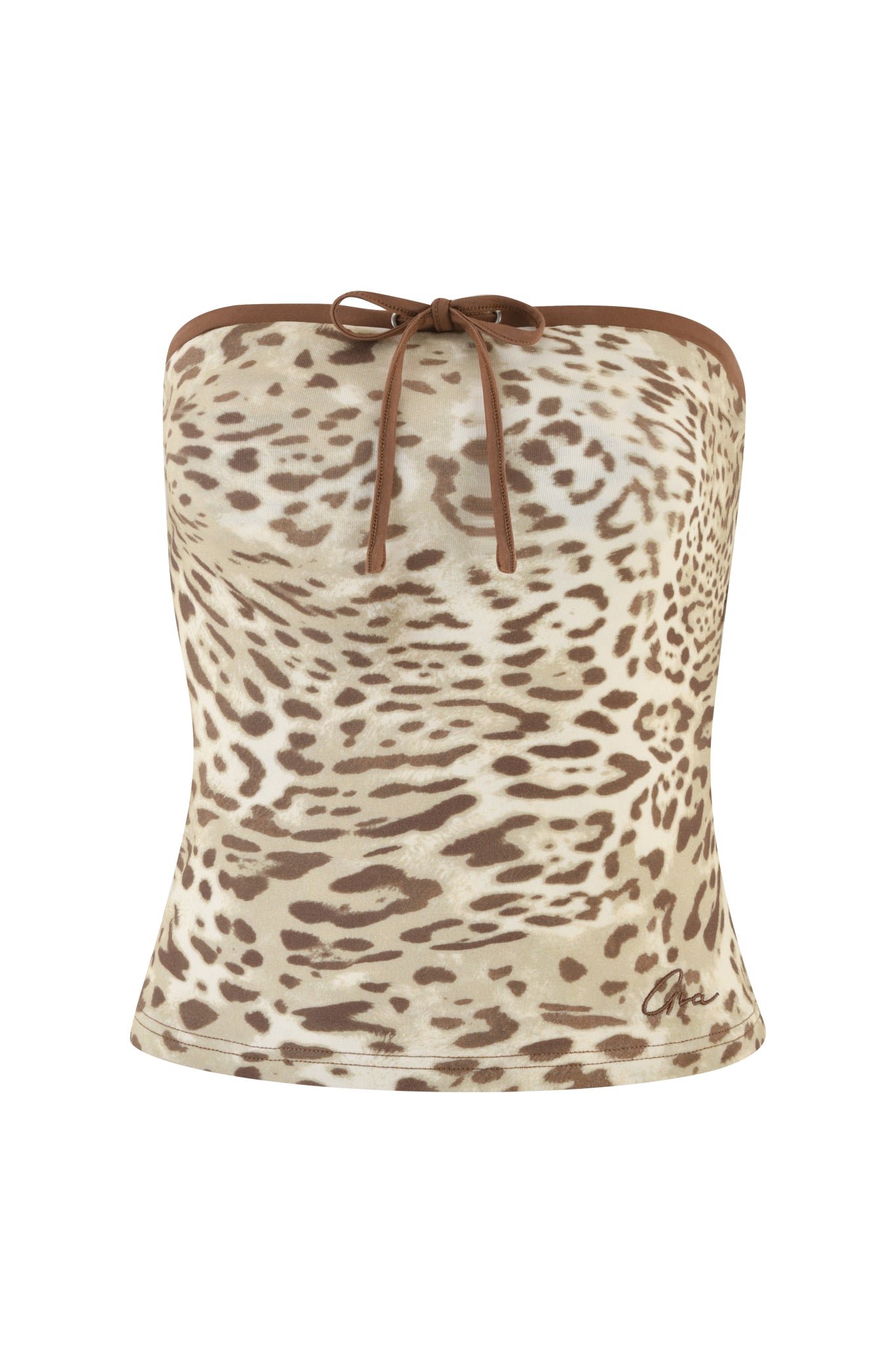 Introducing the I.AM.GIA MICHELLE BOOB TUBE - NEUTRAL : LEOPARD LIMBO, a stylish strapless top featuring a chic brown bow tie at the neckline. The Leopard Limbo pattern highlights an alluring blend of diverse shades of brown and beige spots.