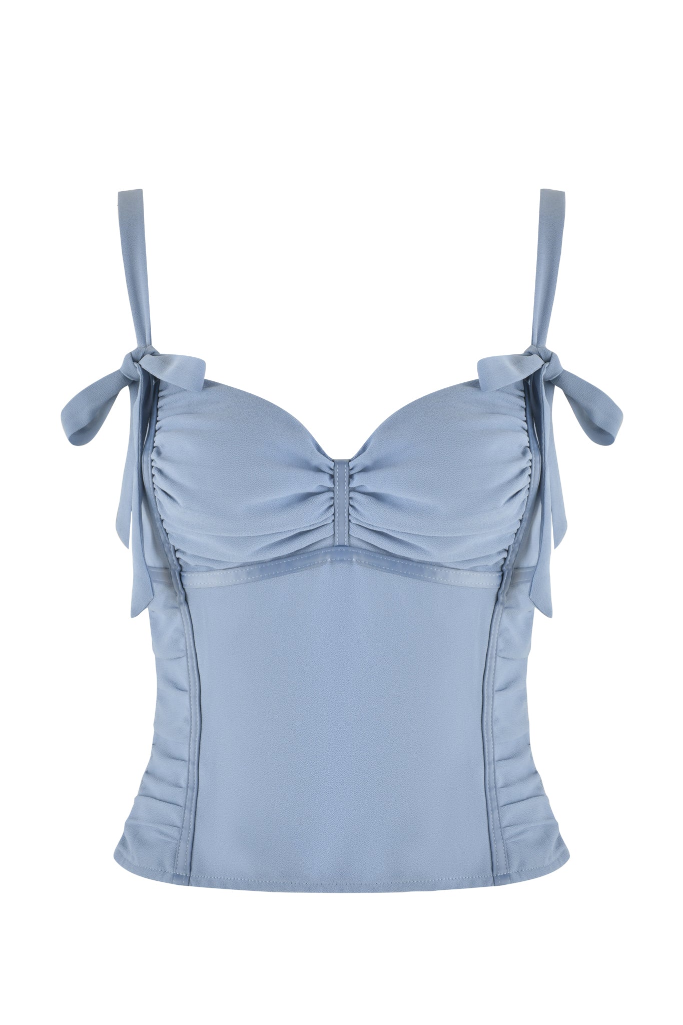 Introducing the QUEENIE TOP - BLUE from I.AM.GIA: this steel blue bustier top features delicate thin shoulder straps tied in charming bows. Its design includes elegant ruching at the bust and a fitted silhouette, crafted from georgette fabric for a sophisticated, classic look. The crop length offers a contemporary update to this timeless piece.