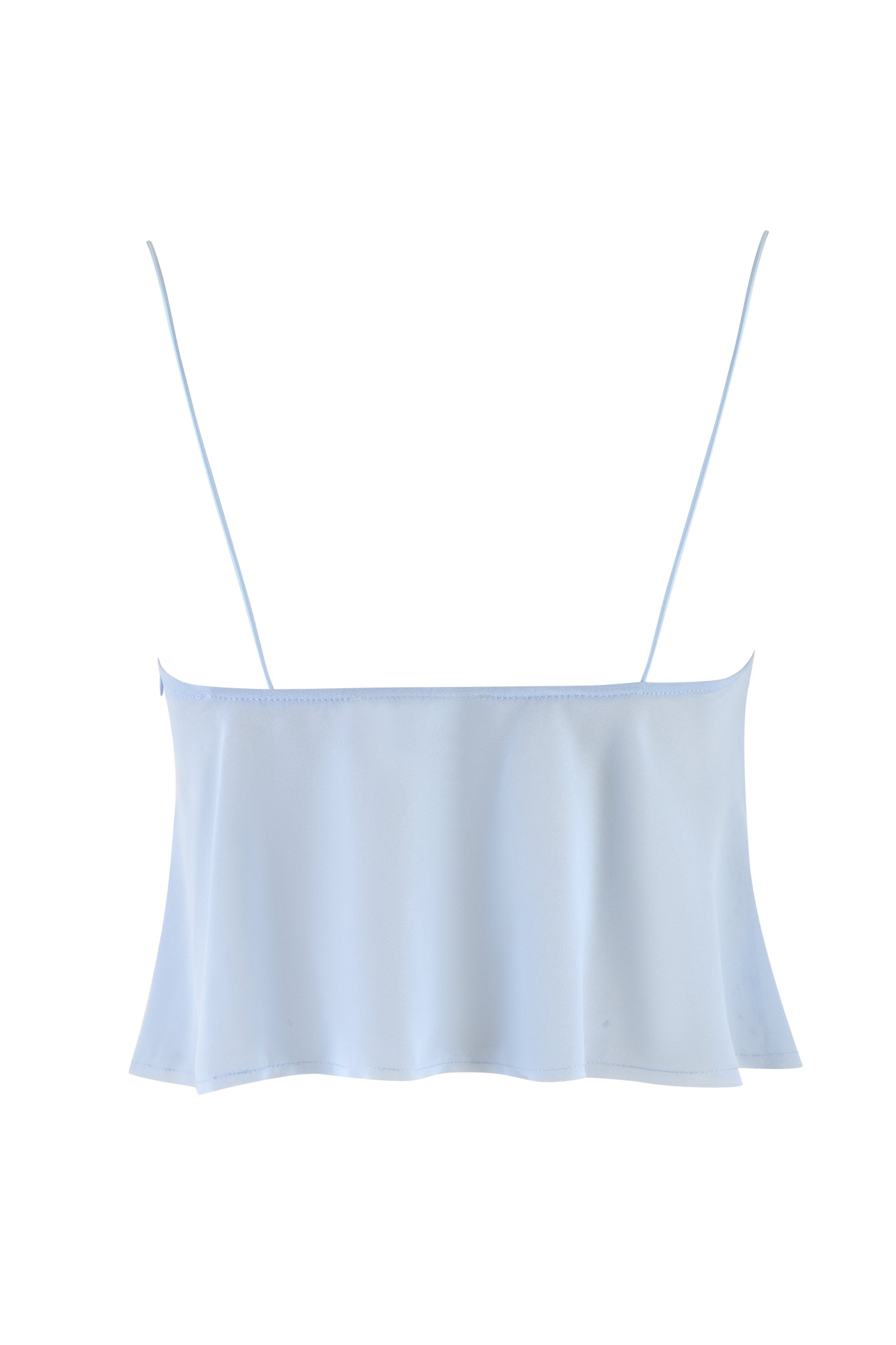 The I.AM.GIA MINA TOP in baby blue is a strapless, light and flowy piece, crafted from semi-sheer georgette with spaghetti straps, displayed against a plain white background.