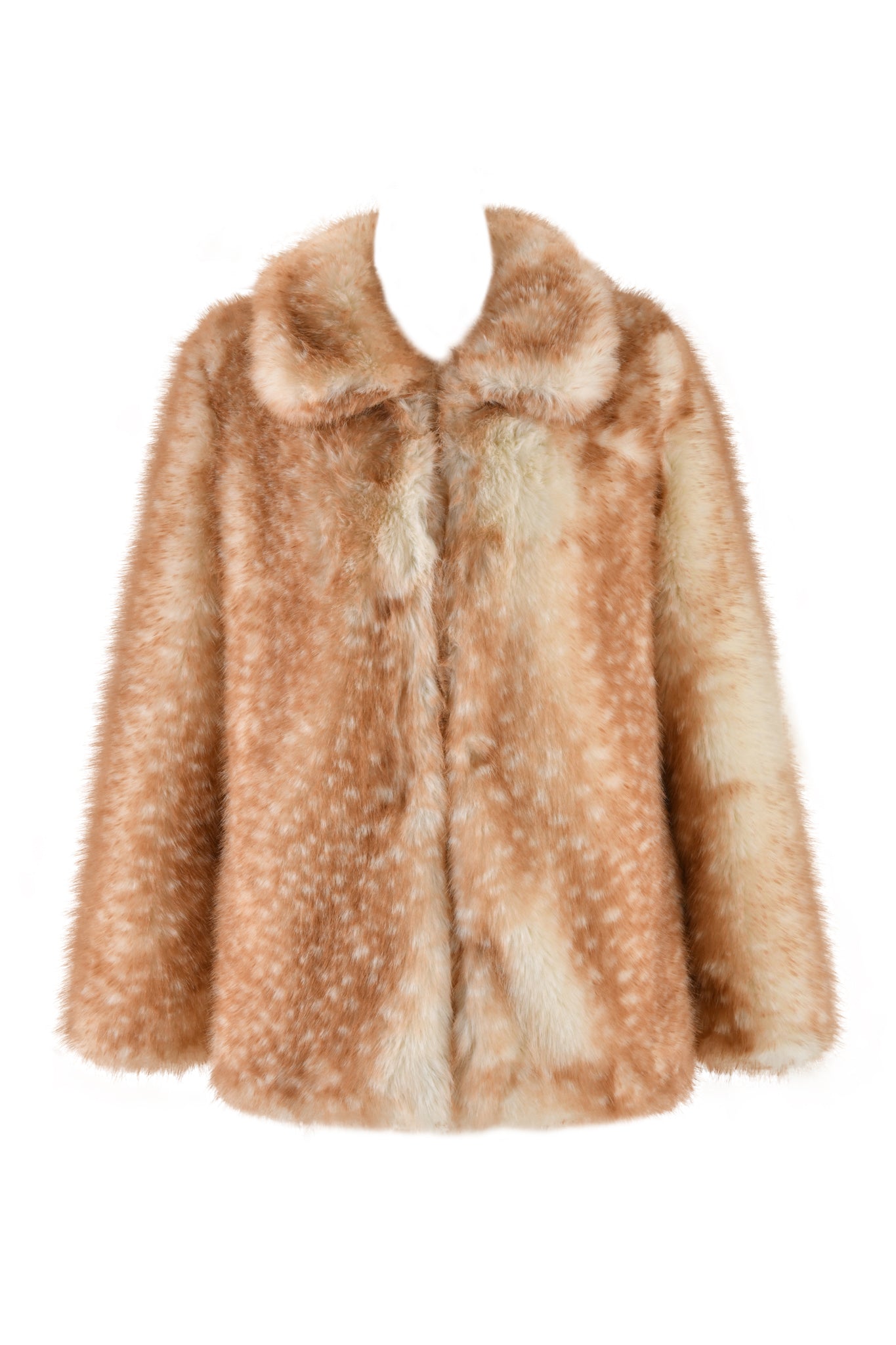 Introducing the BAMBI FUR COAT - NEUTRAL from I.AM.GIA, this elegant piece boasts a creamy caramel color with delicate white speckles, evoking a specialty Bambi deer print. It features a wide collar and long sleeves for a relaxed fit, set against a plain white background.