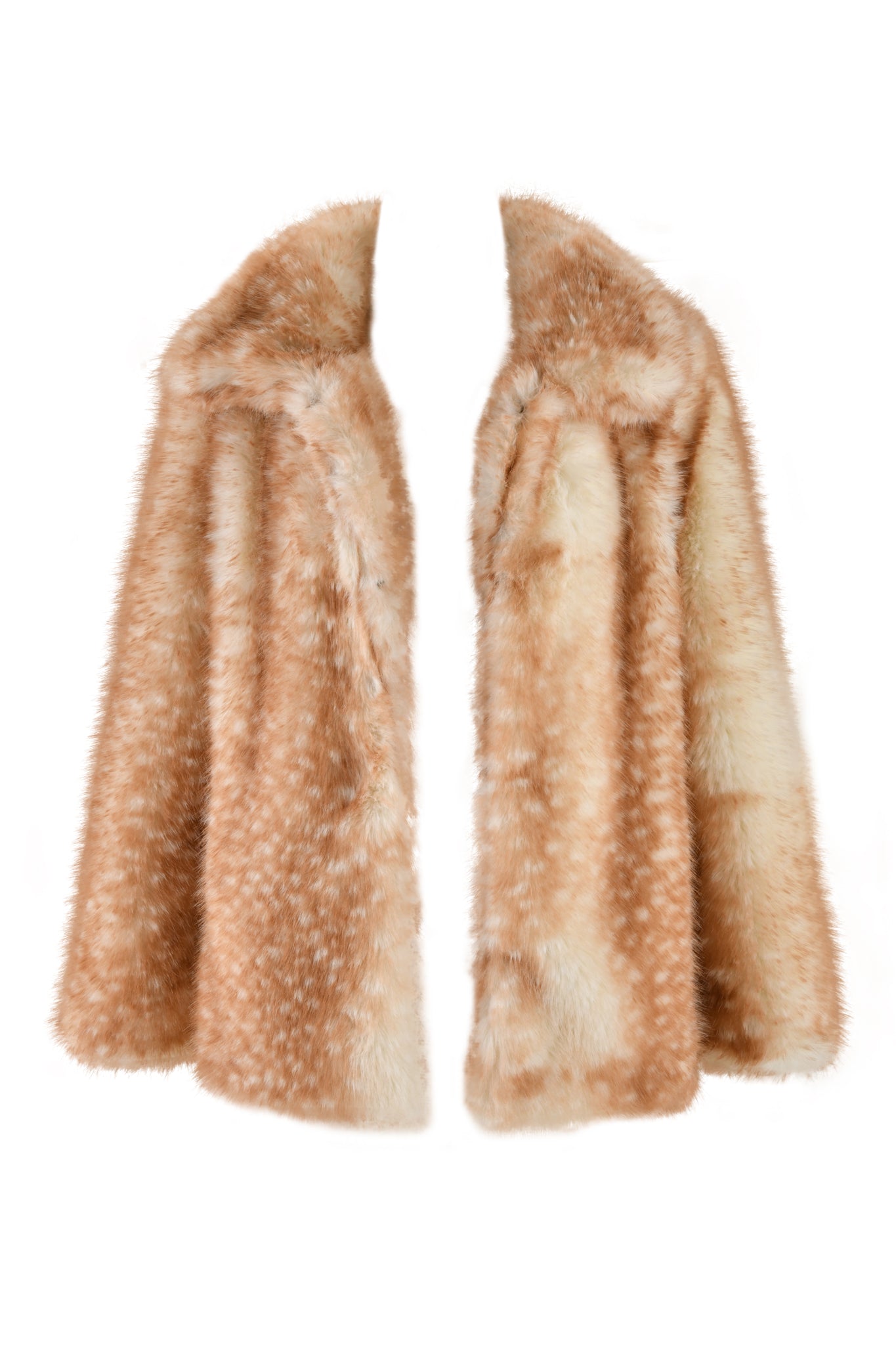 The BAMBI FUR COAT - NEUTRAL from I.AM.GIA is a luxurious, double-breasted faux fur coat featuring a relaxed fit and a soft, light brown hue accentuated by the distinctive white speckled Bambi deer print, beautifully showcased on a plain white background.