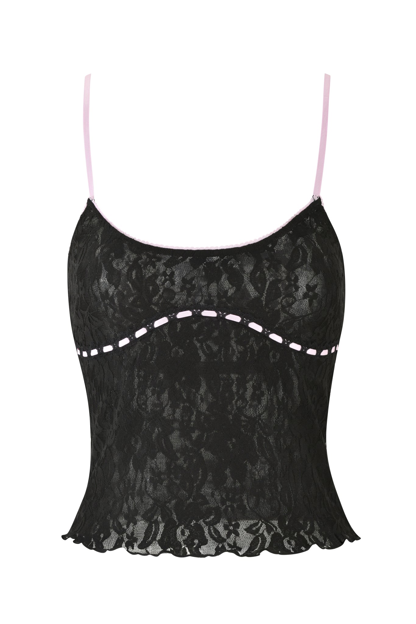 The LORAH TOP - BLACK by I.AM.GIA is a bodycon-fit black lace cami featuring thin pink adjustable satin straps and a scalloped hem. Its floral lace pattern is accented by a pink, dashed-line design across the bust.