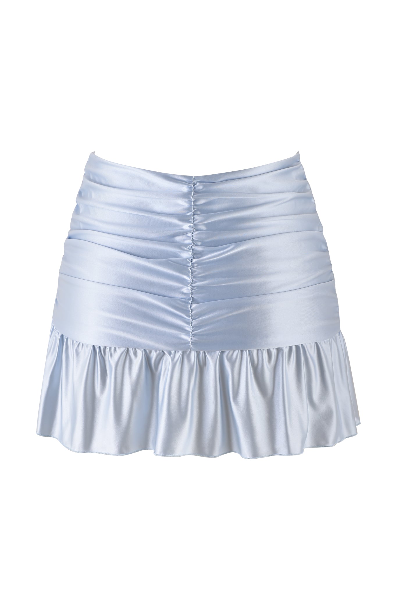 The ELYSIA MINI SKIRT - BLUE : BABY BLUE by I.AM.GIA is a light blue satin slinky mini skirt featuring ruched detailing and a ruffled hem, ideal for adding a touch of elegance.