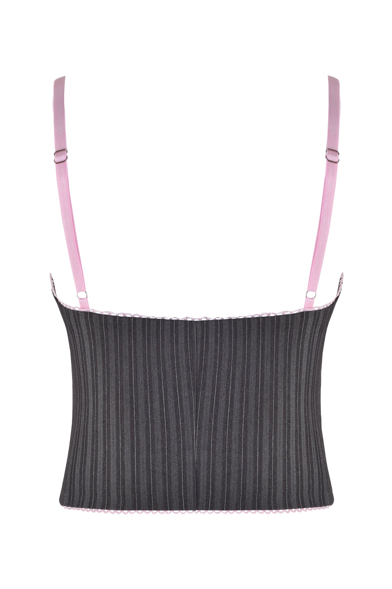 The FLORIAN CORSET - GREY PINSTRIPE by I.AM.GIA features a tailored fit with pink adjustable straps and trim. Its sweetheart neckline adds elegance, and the white background highlights its structured design perfectly.
