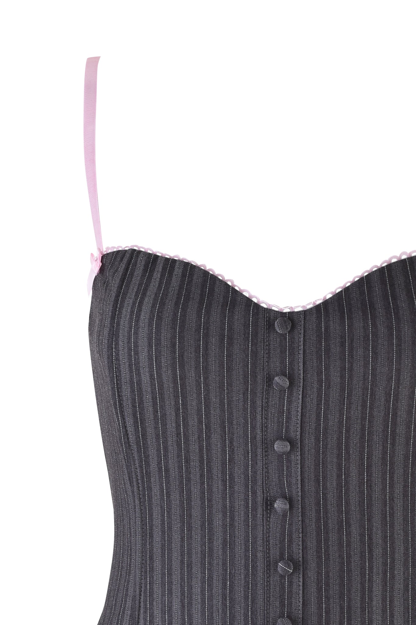 Close-up of I.AM.GIA's FLORIAN CORSET - GREY: a gray pinstripe design with pink ribbon straps and a decorative pink-trimmed sweetheart neckline. The tailored fit is accentuated by front buttons, set against a plain white background.