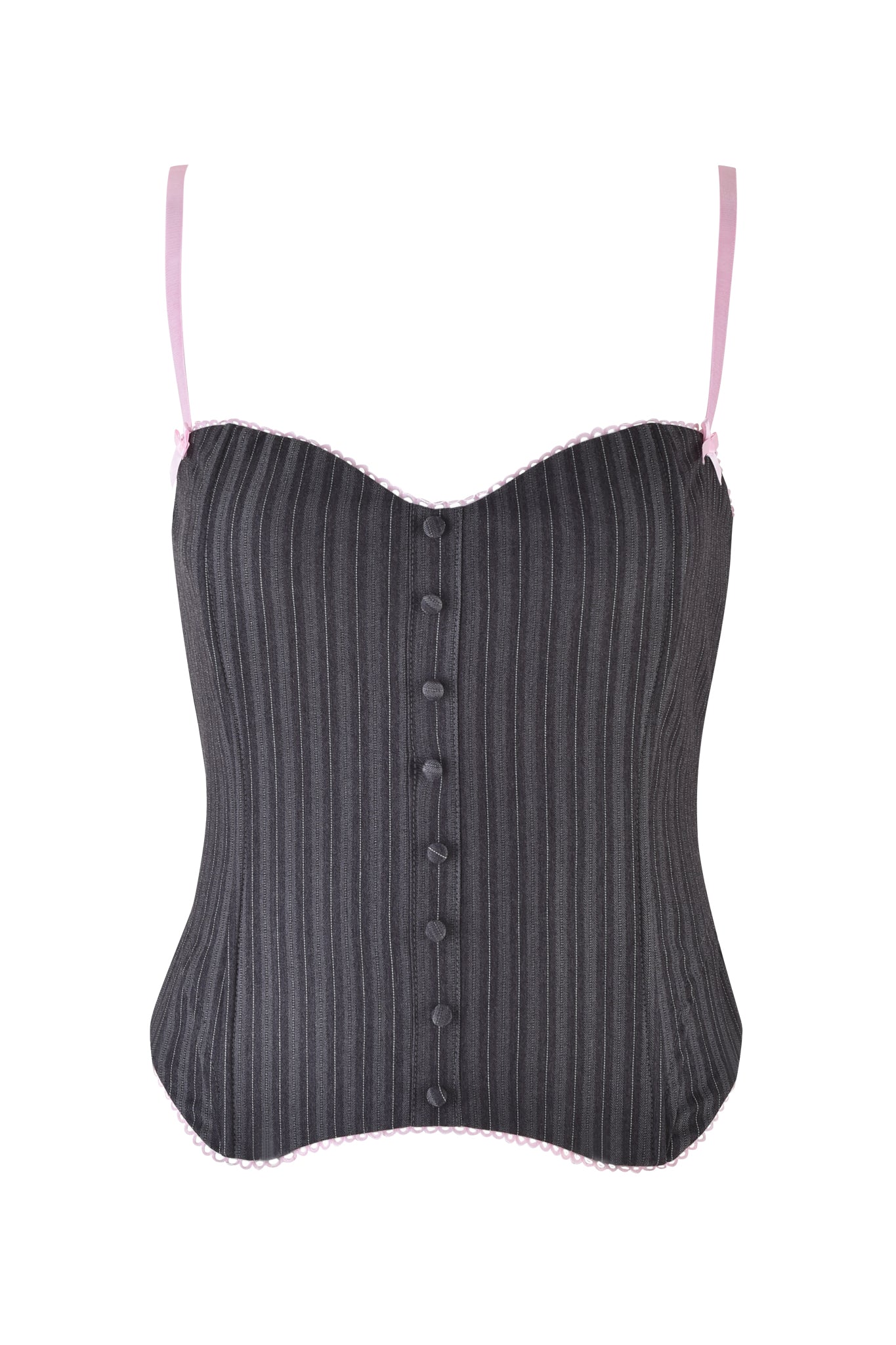 The I.AM.GIA FLORIAN CORSET - GREY PINSTRIPE features a fitted design with a sweetheart neckline, thin pink straps, and delicate pink lace trim on the top and hem. Button details adorn the front for a chic look.