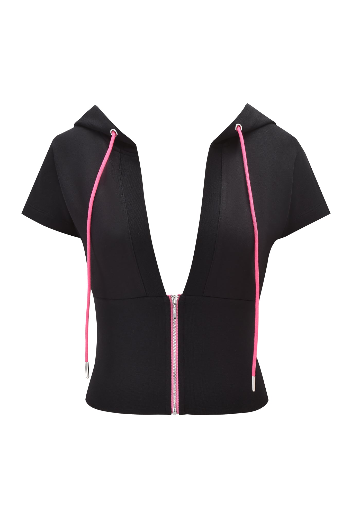 The I.AM.GIA ARLO TRACK JACKET - BLACK is a black short-sleeve, hooded crop top with a deep V-neck, pink drawstrings, and a pink front zipper—perfect as a lightweight French terry jacket for sporty style. Shown on a white background.