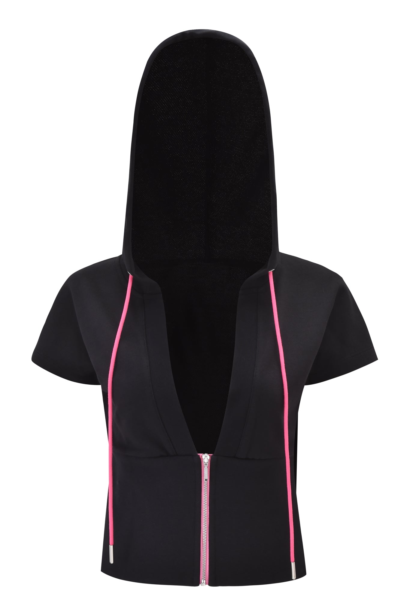 The I.AM.GIA ARLO TRACK JACKET - BLACK is a short-sleeved, black zip-up jacket with a deep V-neck, large hood, and bright pink drawstrings. Made from soft french terry fabric, it's shown on a plain white background.