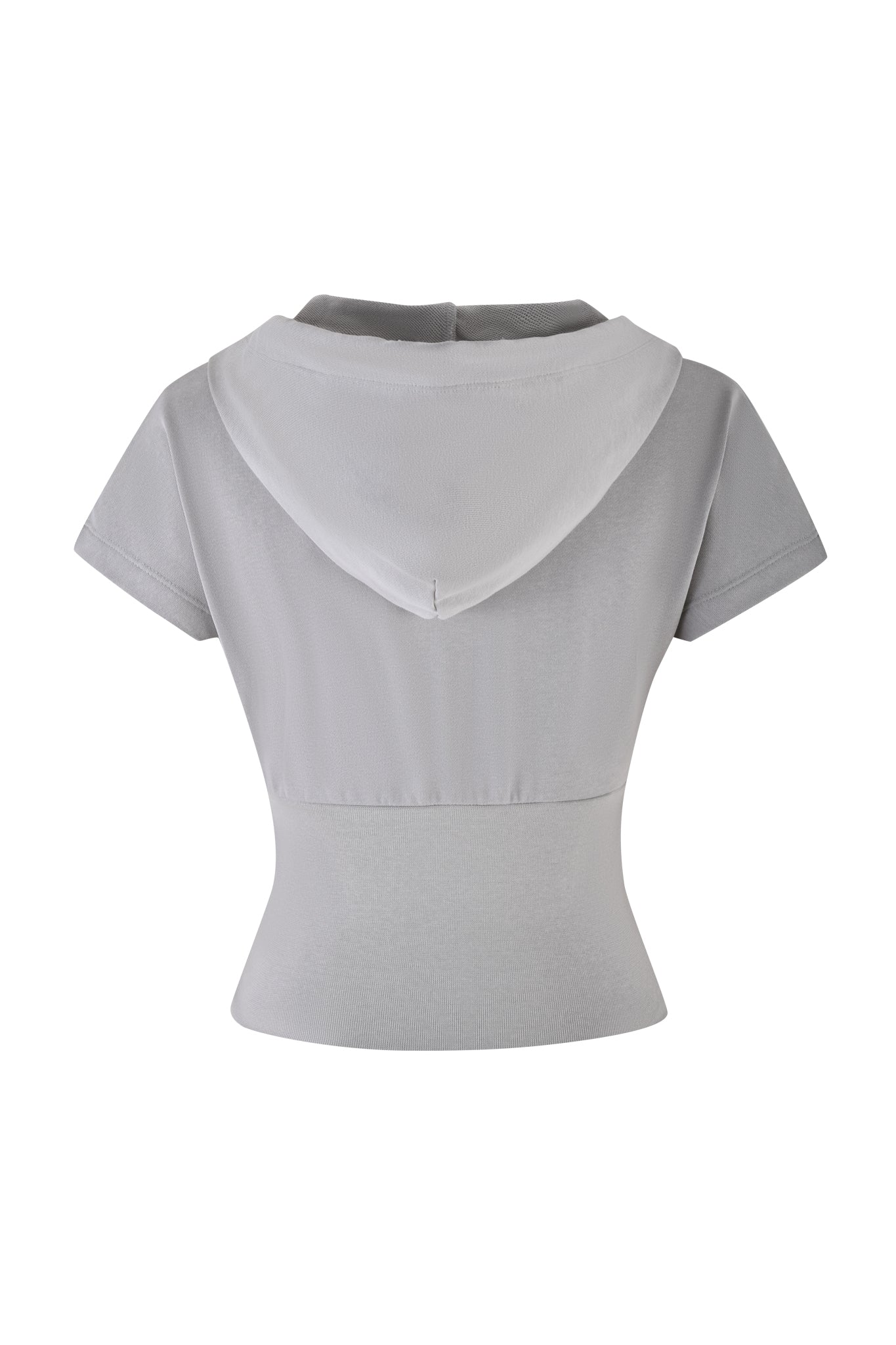 The I.AM.GIA ARLO TRACK JACKET - GREY is a short-sleeved, fitted top with an attached hood and neon pink drawstring, shown from the back. Crafted from French terry, it features a smooth, stretchy fabric with a subtle sheen, offering a casual and sporty look.