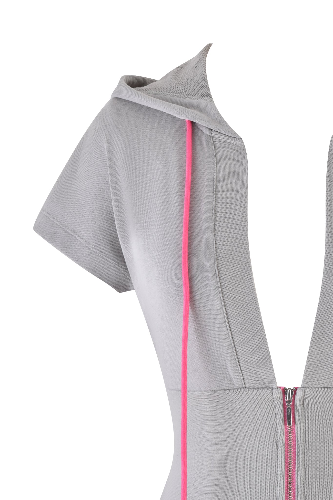 Close-up of the ARLO TRACK JACKET - GREY by I.AM.GIA, a light gray short-sleeve piece in soft French terry with a deep V-neck, hood, and pink piping on the front zipper.