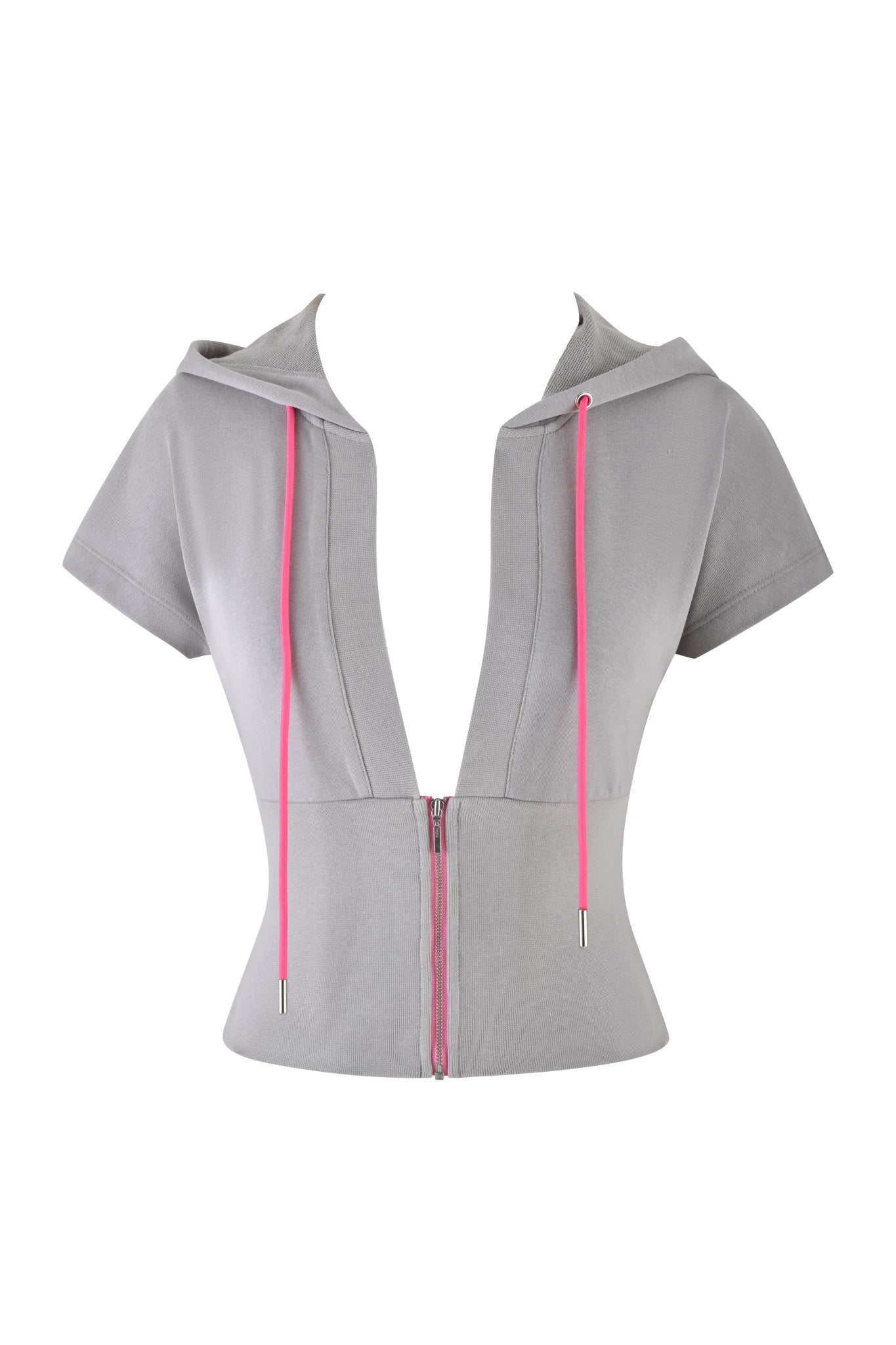 The ARLO TRACK JACKET - GREY by I.AM.GIA is a modern short-sleeve hoodie made from soft French terry, featuring a deep V-neck and front zipper. It includes neon pink drawstrings and a fitted waist, making it ideal for casual days.