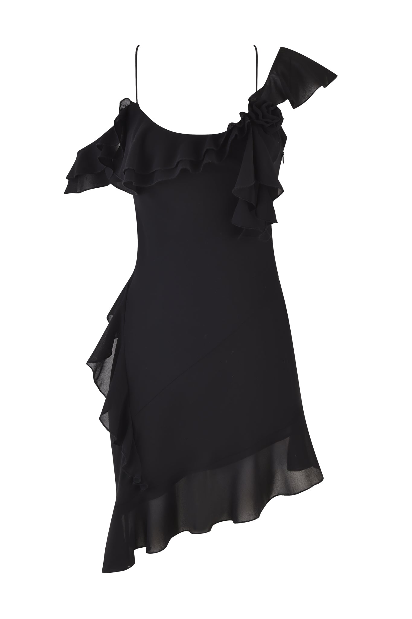 The JULIETTA MINI DRESS - BLACK by I.AM.GIA is a one-shoulder dress with spaghetti straps and ruffled details at the neckline and shoulder. It has a fitted silhouette with an asymmetrical hemline, offering an elegant knee-length style.
