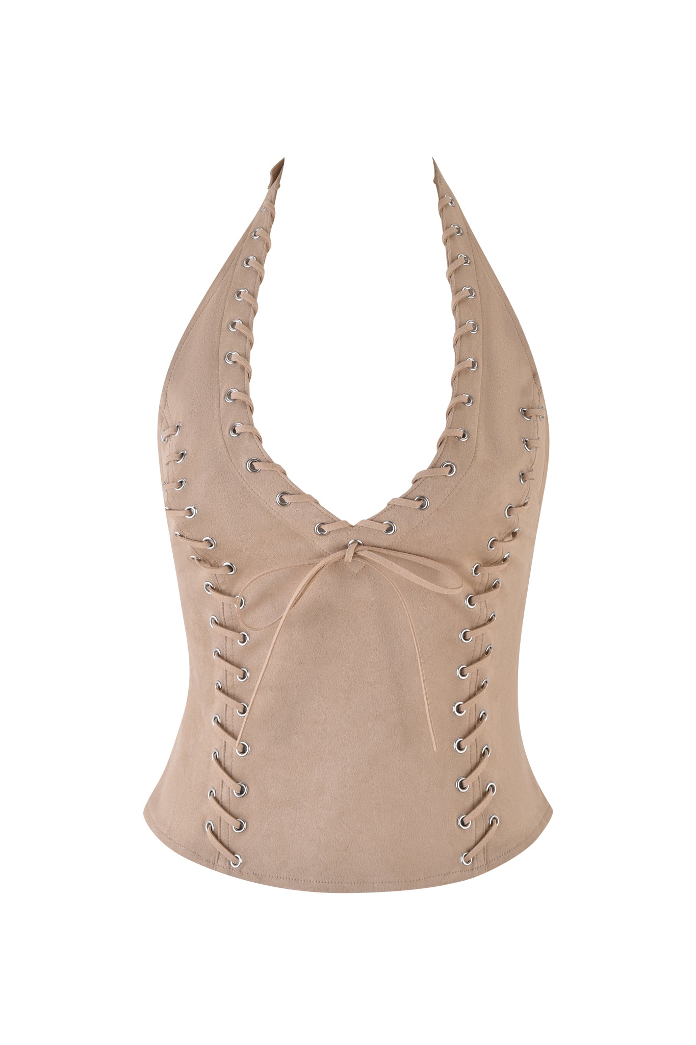 The ZEPHYR TOP - BEIGE by I.AM.GIA is a chic tan faux suede halter with a deep V-neck, silver eyelets, and front tie, creating a corset-like bodycon appearance.