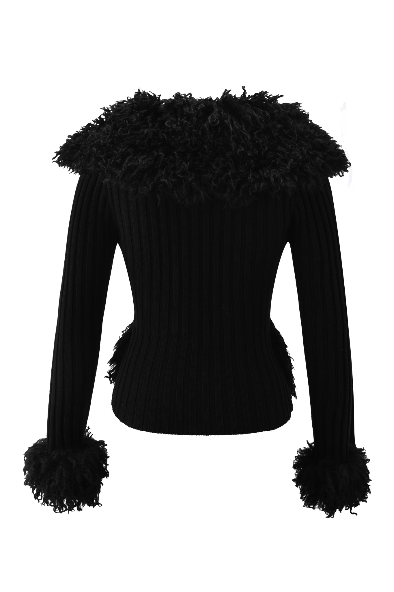 The CRESSIDA JACKET - BLACK by I.AM.GIA is a black ribbed knit sweater with long sleeves, plus plush faux fur collar and cuffs, shown from the back against a plain white background.