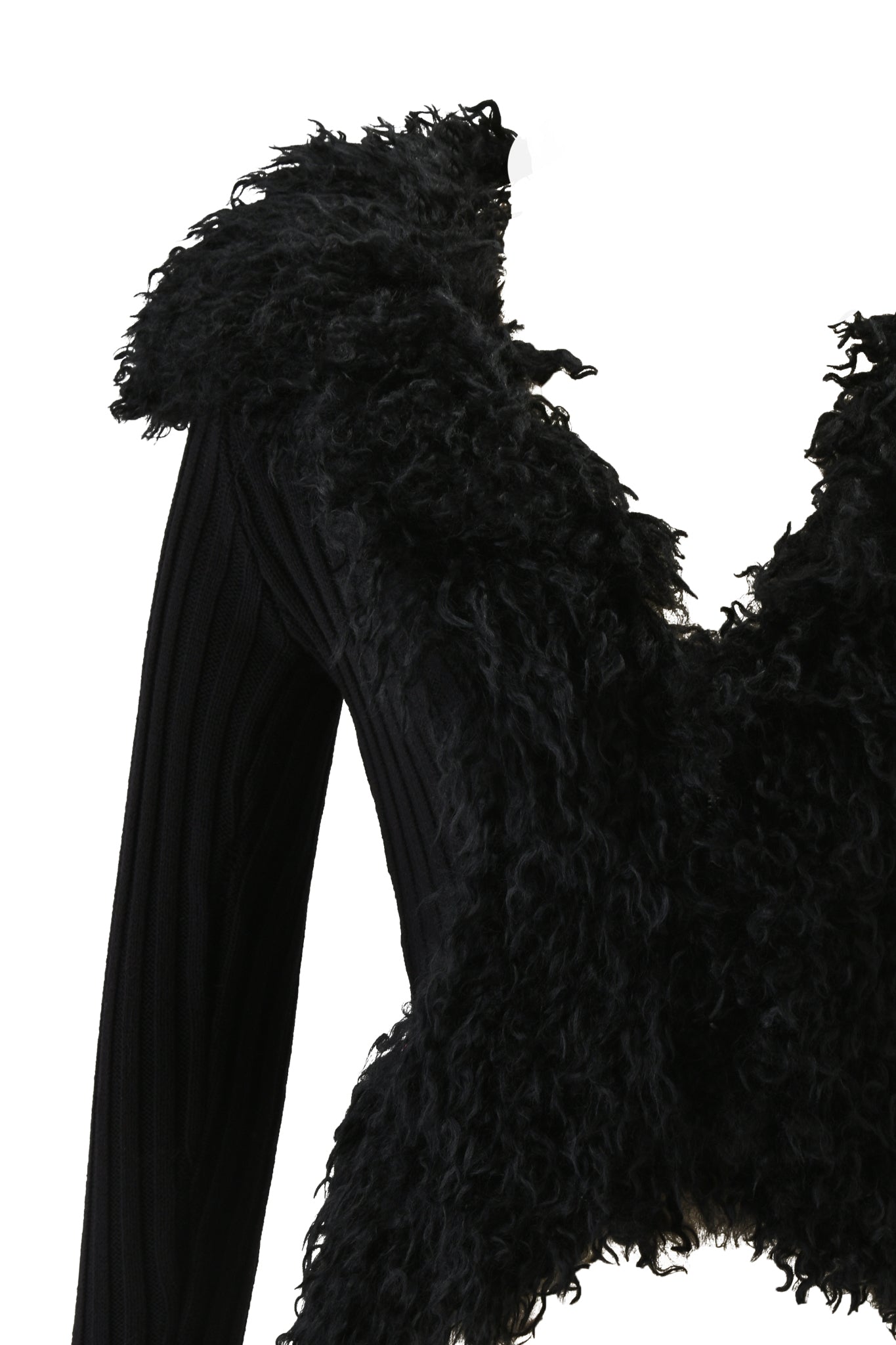 A close-up of the I.AM.GIA CRESSIDA JACKET - BLACK, featuring shaggy, textured fur-like front and shoulders with ribbed knit sweater sleeves for a cozy chic look.