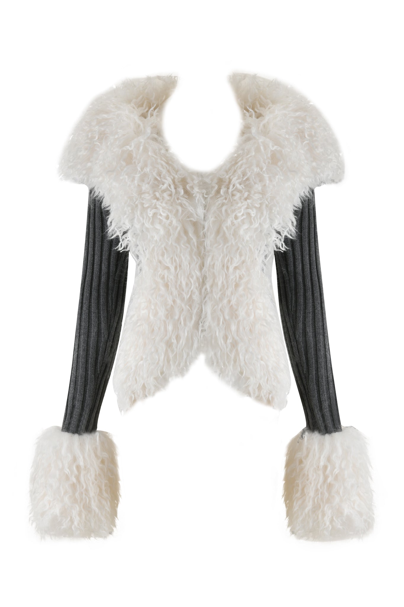 The I.AM.GIA CRESSIDA JACKET - GREY is a stylish rib knit sweater with a faux fur collar and cuffs. It features dark gray, mid-stretch ribbed sleeves, while the body showcases a fluffy white texture for striking contrast.