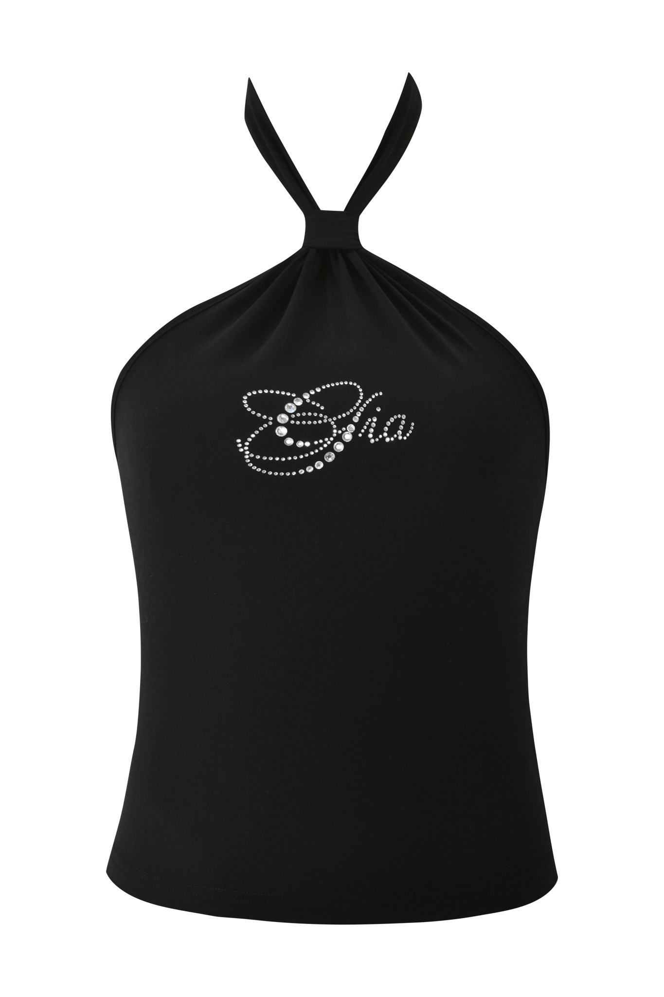 The ROWAN TOP - BLACK by I.AM.GIA is a halter neck style with a bodycon fit, adorned with rhinestones and "Sha" in cursive on the front.
