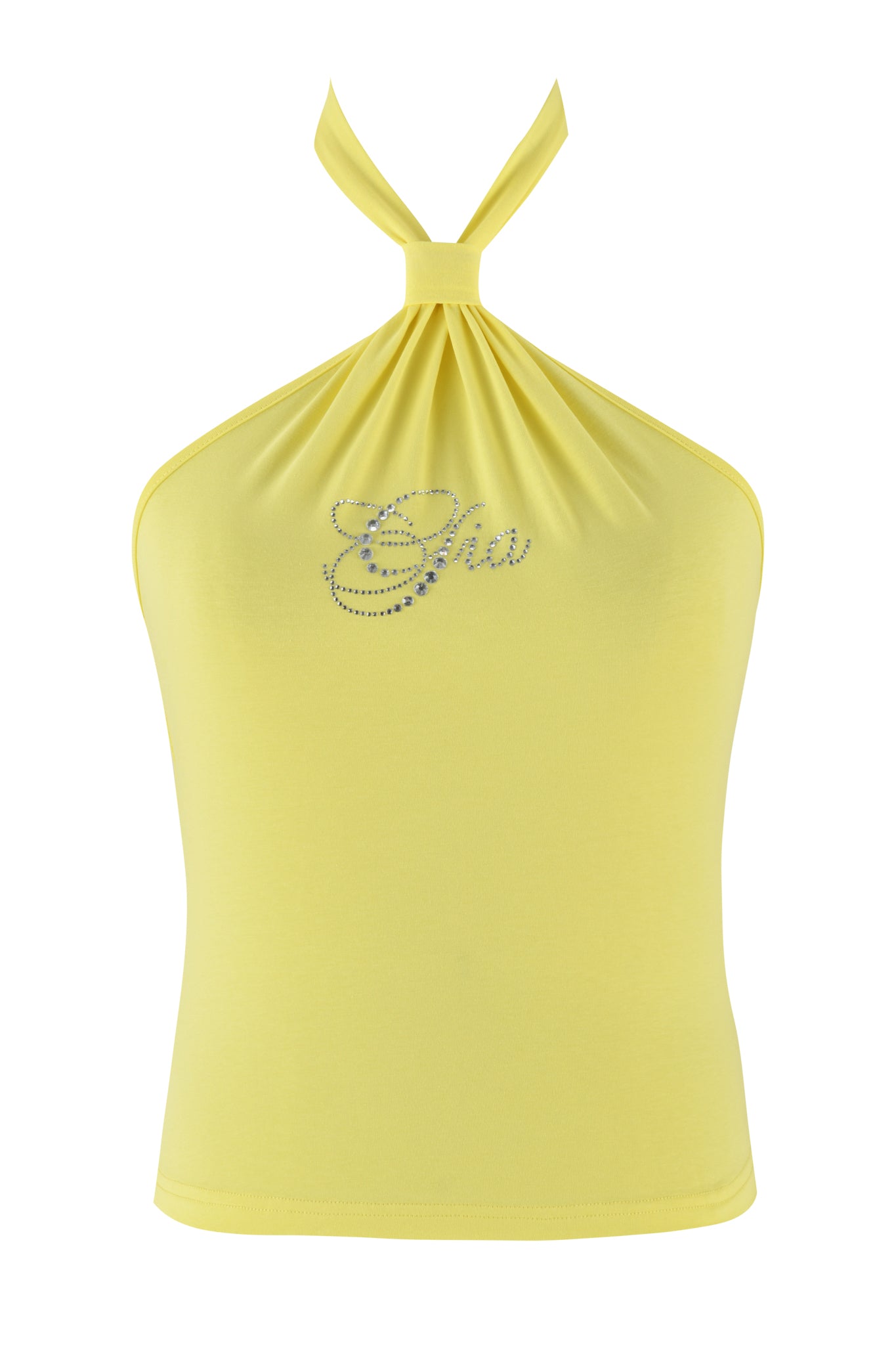 The ROWAN TOP - YELLOW by I.AM.GIA is a baby yellow halter with a knotted neck strap and "Glow" in rhinestones on the front, offering sparkle to its simple look. Made from bamboo fabric, it has a smooth, fitted appearance.