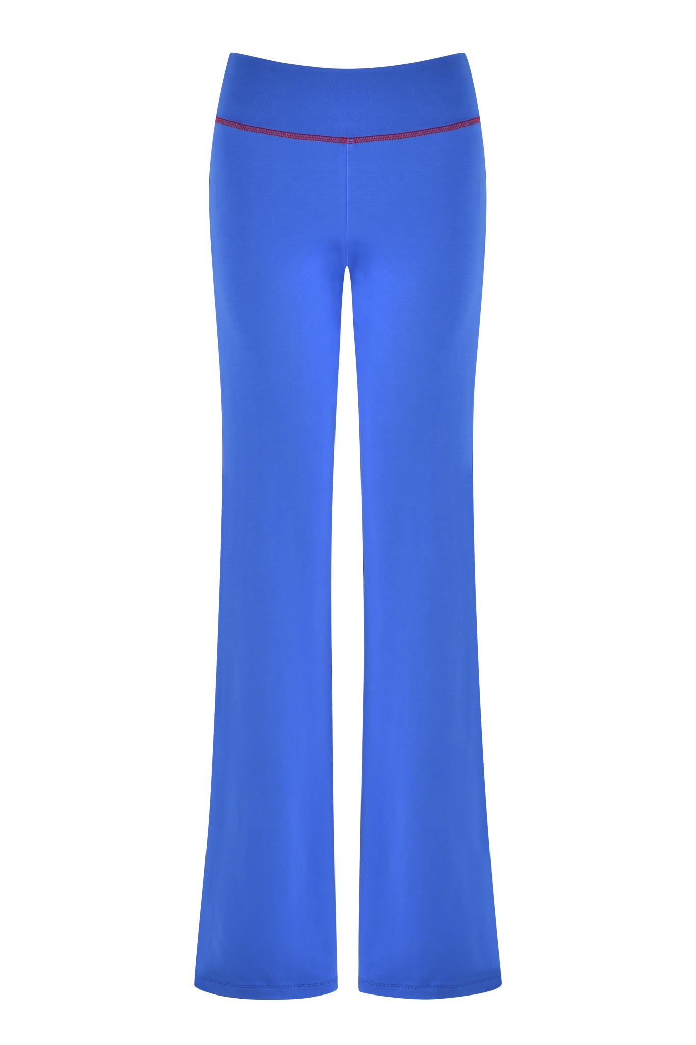 The I.AM.GIA BLARE TRACKPANT 2.0 in Royal Blue features a flared design with a low-rise waist, accented by a thin red stripe atop the smooth, stretchy fabric, displayed against a white background.