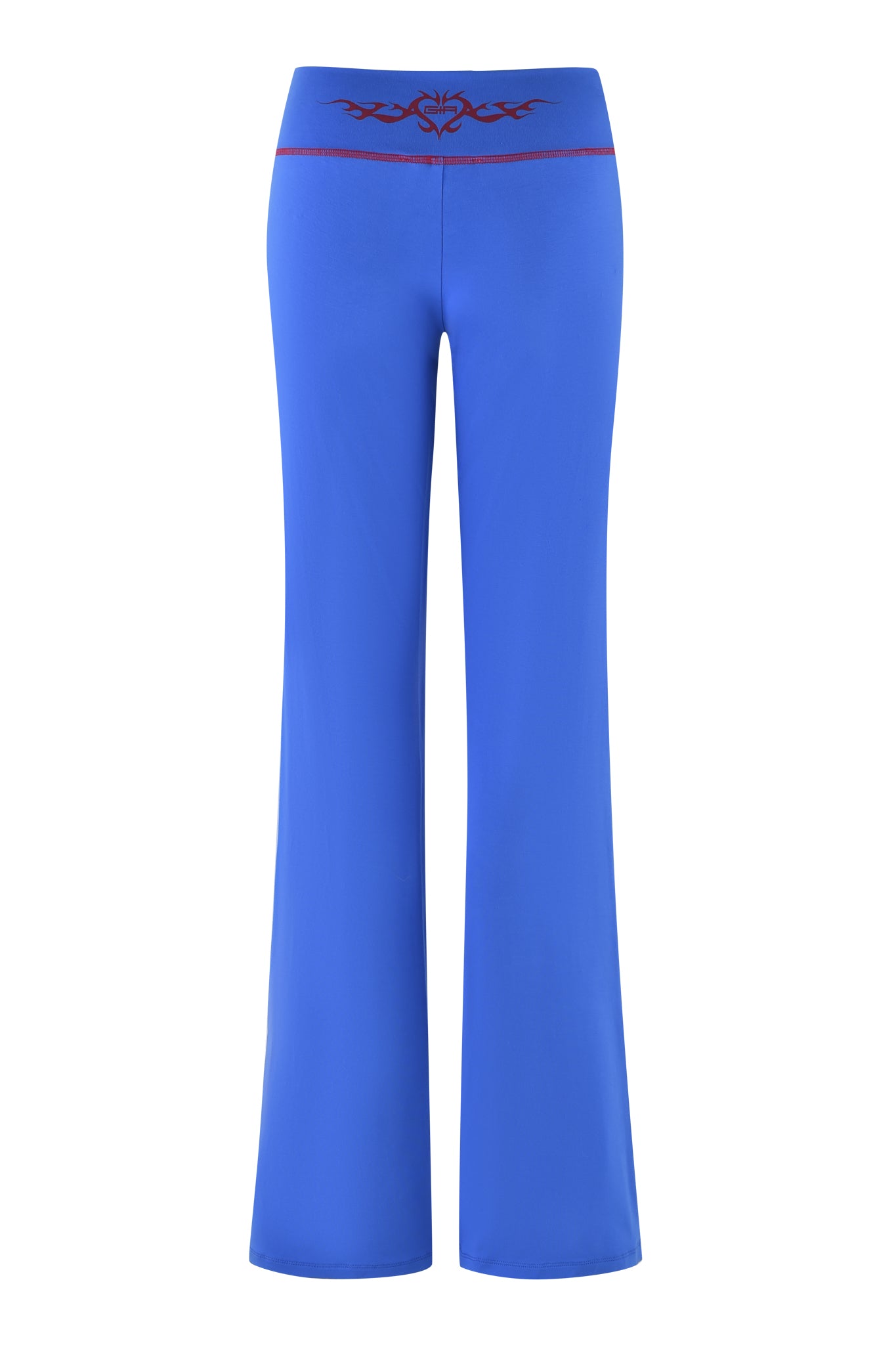 Rear view of I.AM.GIA's BLARE TRACKPANT 2.0 in royal blue, featuring a red tribal waistband design, crafted from soft bamboo jersey against a white backdrop.