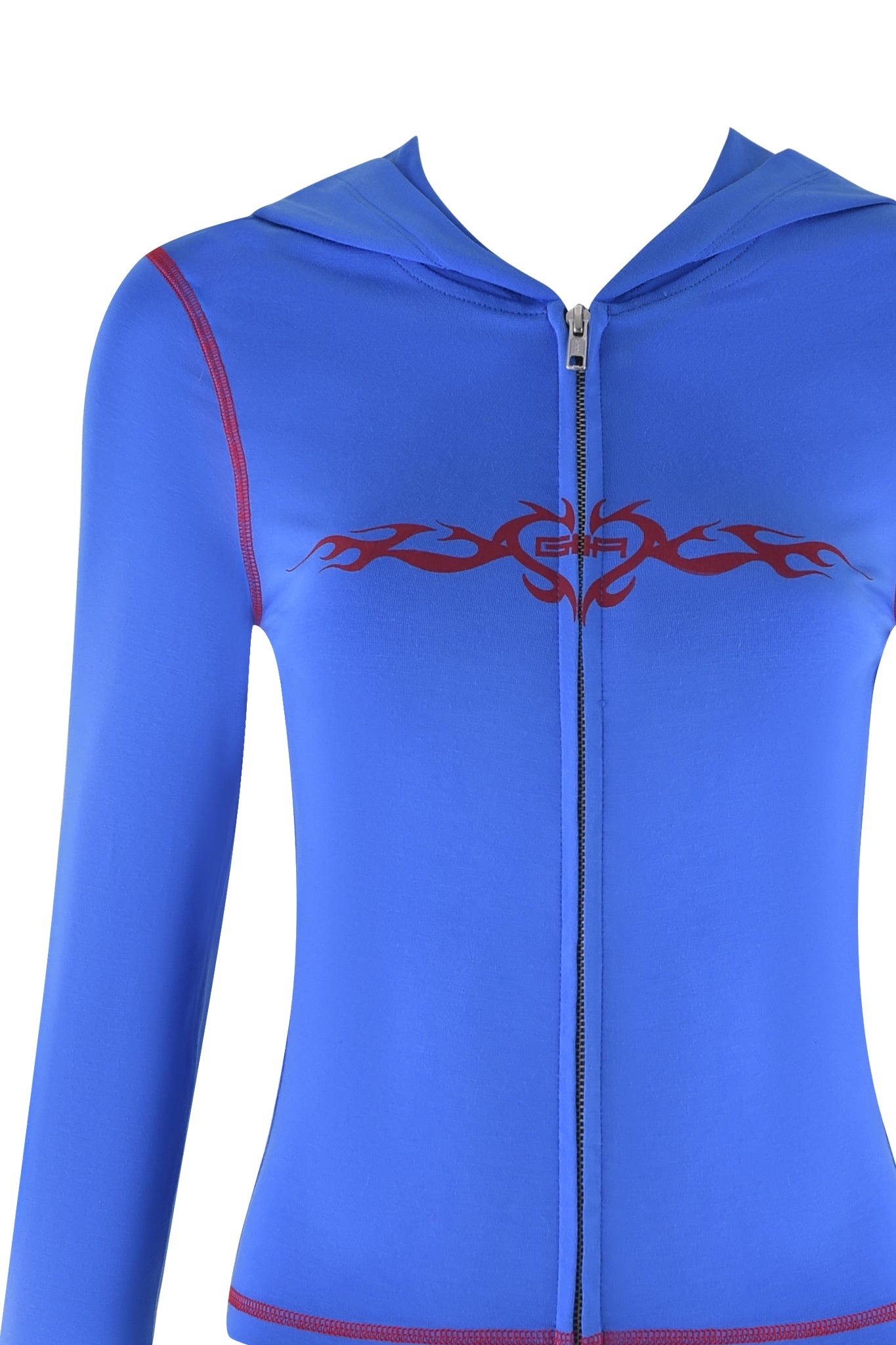 The I.AM.GIA BLARE HOODIE in royal blue is a standout with long sleeves, red tribal flame design on the chest, visible red seam stitching, and a cozy hood, blending bold accents and comfort.