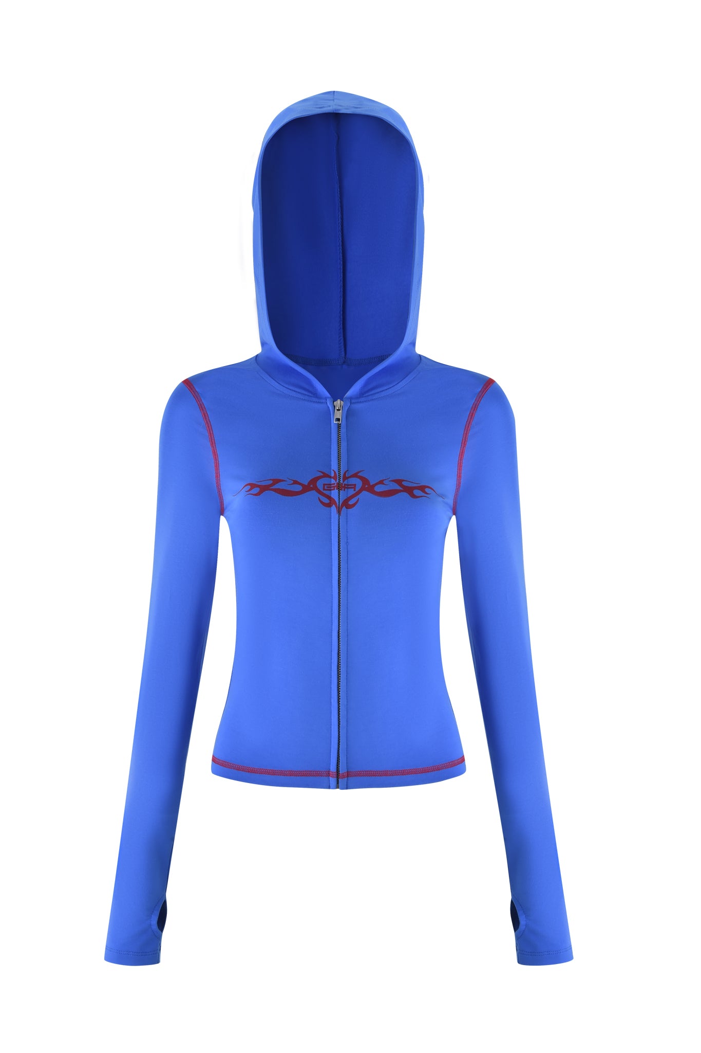 The BLARE HOODIE - BLUE by I.AM.GIA, in royal blue, showcases a tribal design across the chest with red stitching accents. It features long sleeves and is set against a white background.