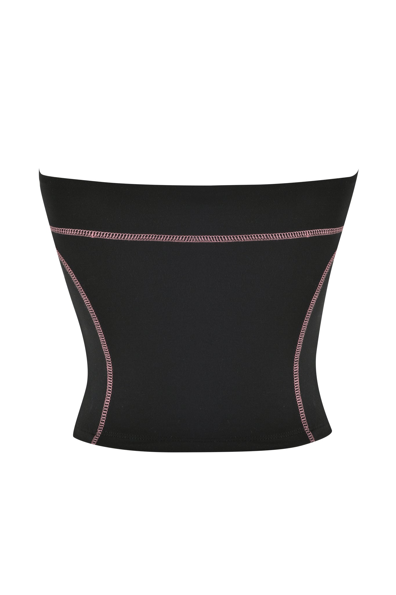 The BLARE BOOB TUBE - BLACK by I.AM.GIA features sporty princess seams and pink stitching, creating a sleek and stylish contour effect from the back.