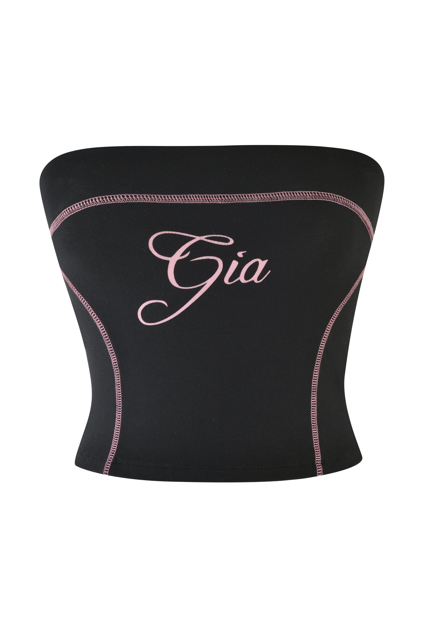 Introducing the BLARE BOOB TUBE - BLACK by I.AM.GIA: a strapless black top featuring pink stitching and "Gia" embroidered in elegant pink cursive. This chic piece blends comfort and flair for any occasion.