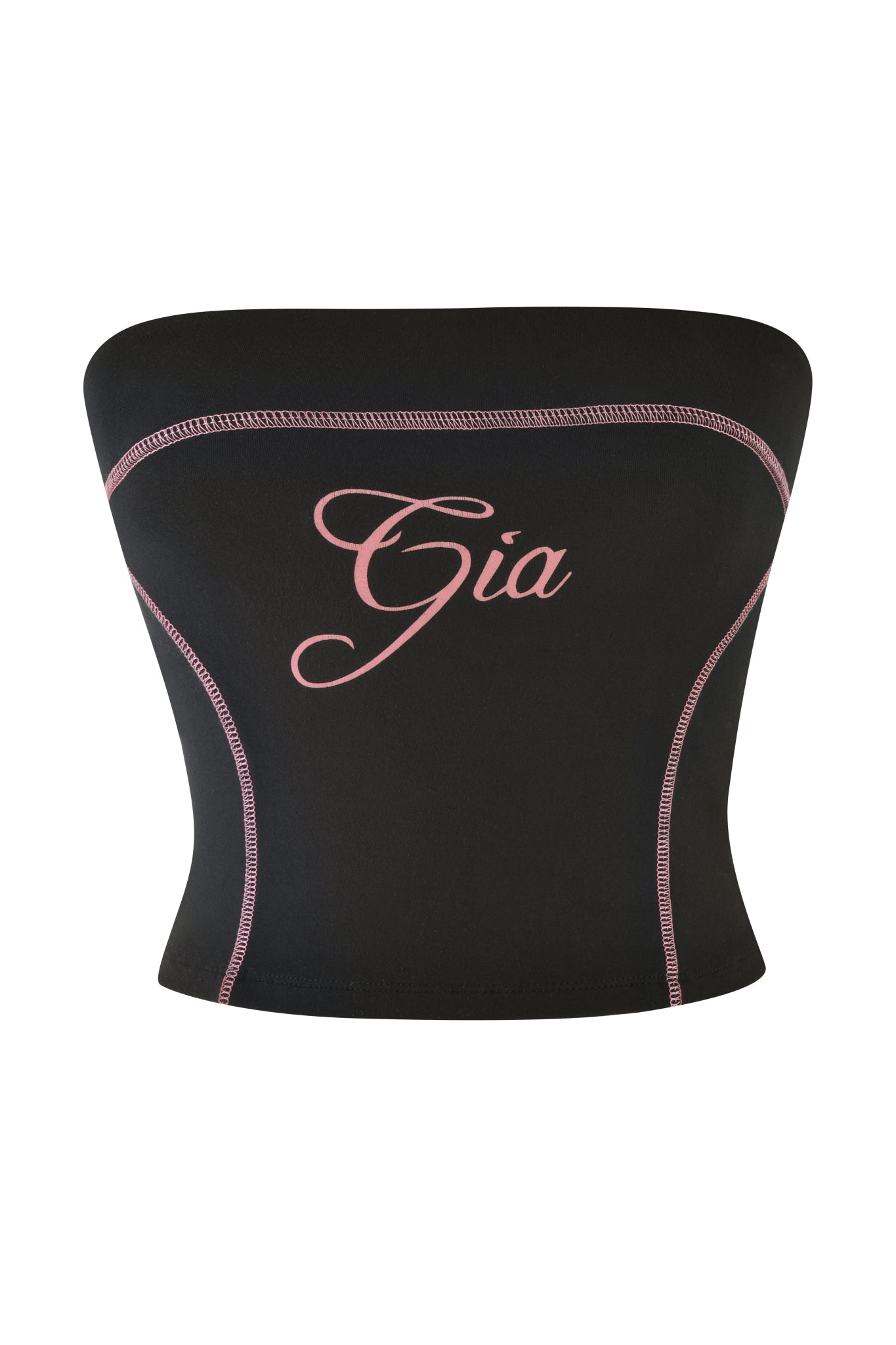 The BLARE BOOB TUBE - BLACK by I.AM.GIA is a strapless black crop top featuring pink stitching and the “Gia” logo embroidered in cursive pink lettering on the chest, crafted from soft bamboo fabric for a comfortable and sporty look.