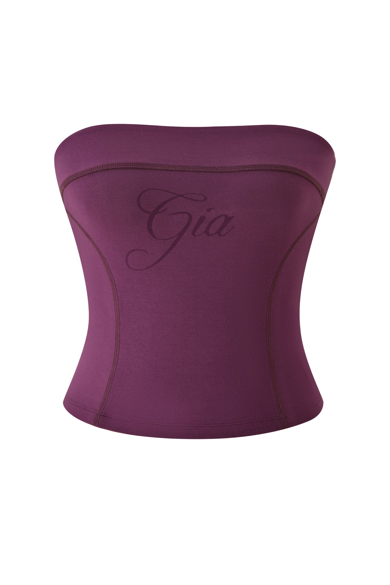 The BLARE BOOB TUBE - PLUM by I.AM.GIA is a strapless, fitted top in a rich plum shade, featuring the word “Gia” in cursive on the front and shown against a white background.