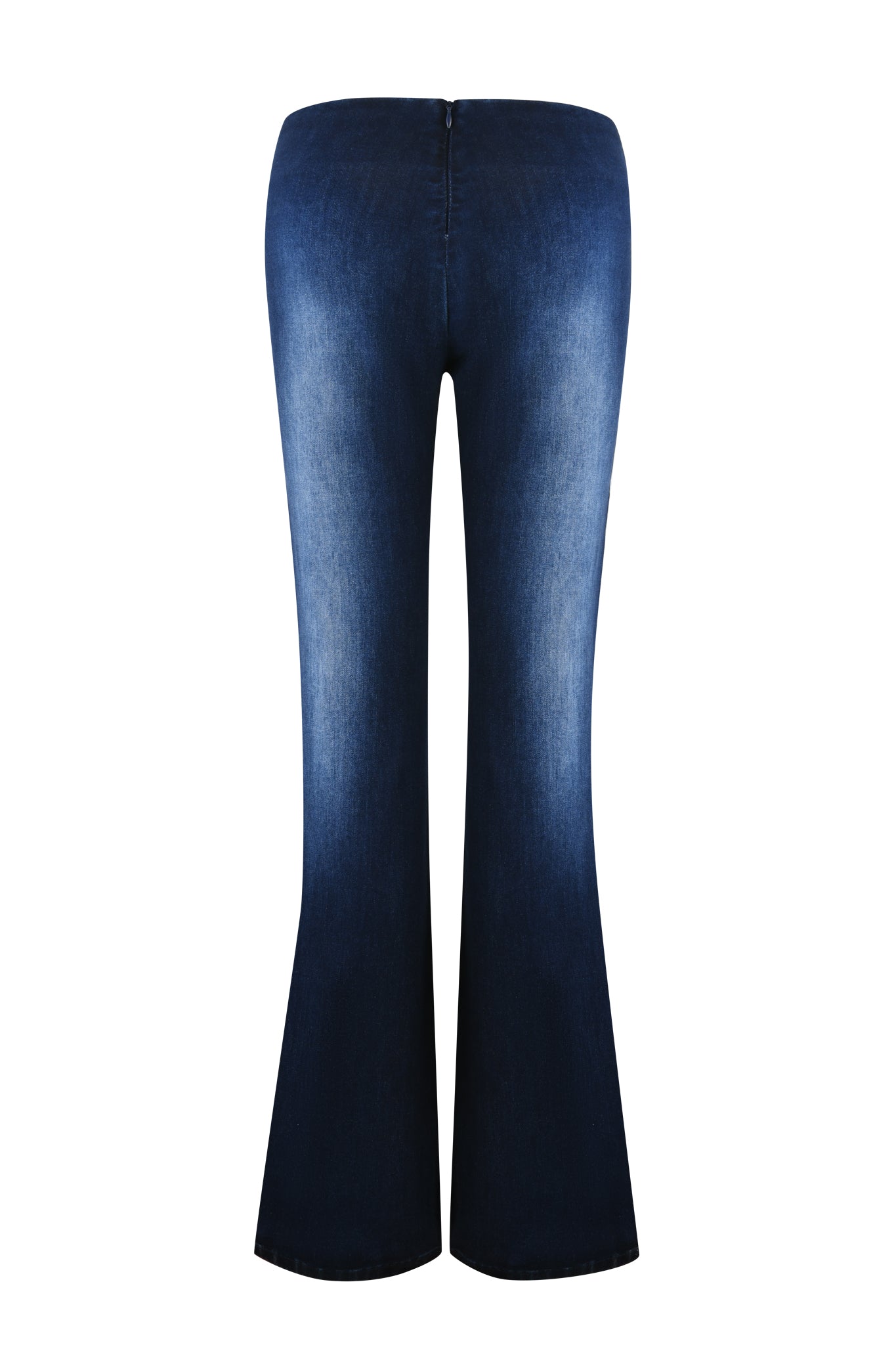 Rear view of the I.AM.GIA SHARAH DENIM PANT in dark blue, featuring flared stretch denim with a smooth gradient from dark to light and a fitted waistband. The slight sheen enhances their sleek design.
