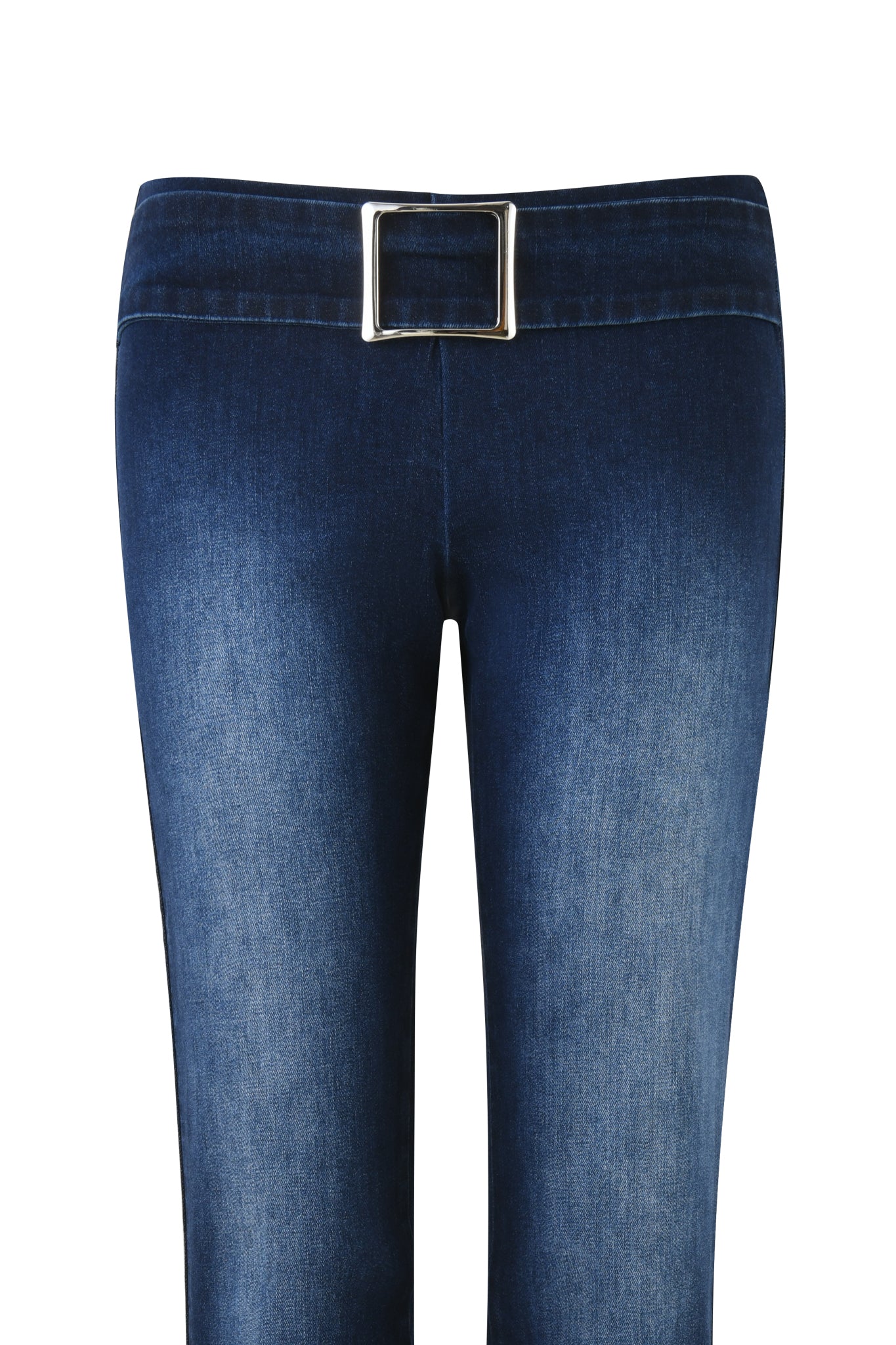 The I.AM.GIA SHARAH DENIM PANT - BLUE features a dark blue flared leg design and a large rectangular silver buckle belt at the low rise waist. Made of stretch denim, it has subtle fading on the thighs for a worn look, set against a plain white background.