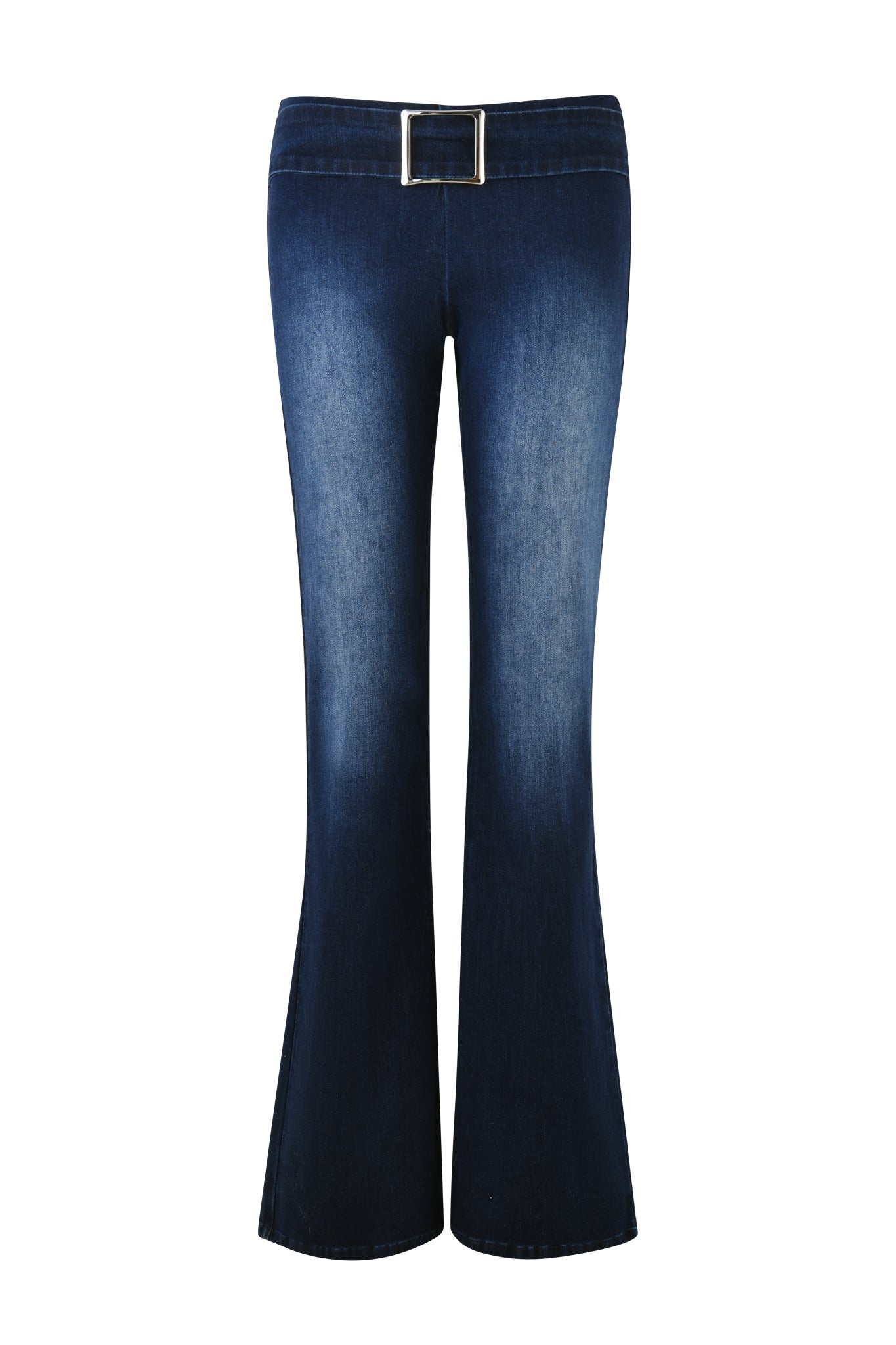 The SHARAH DENIM PANT - BLUE from I.AM.GIA features dark blue stretch denim with a silver buckle belt, low rise waist, and a faded thigh effect. Flared leg hems provide a retro vibe.