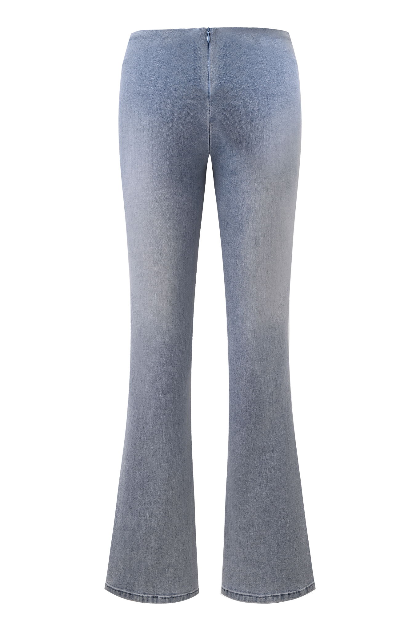 Back view of I.AM.GIA SHARAH DENIM PANT in light wash—a high-waisted, flared leg jean made from stretch denim with a visible zipper and no pockets or embellishments.