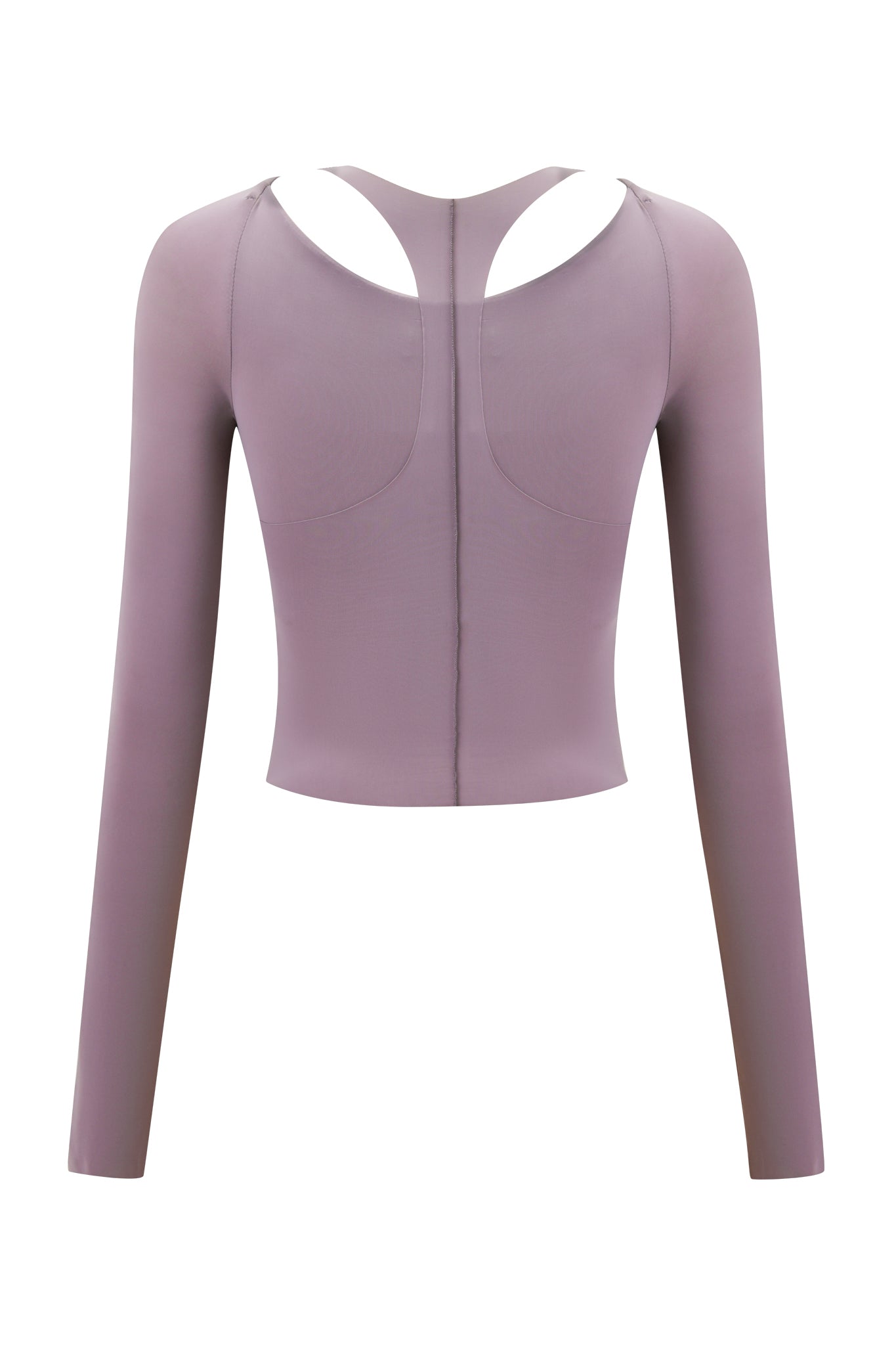 Back view of the NERINA LONG SLEEVE TOP in dusty lilac by I.AM.GIA, featuring a fitted hosiery design, upper back cut-out detail, and a subtle center seam.