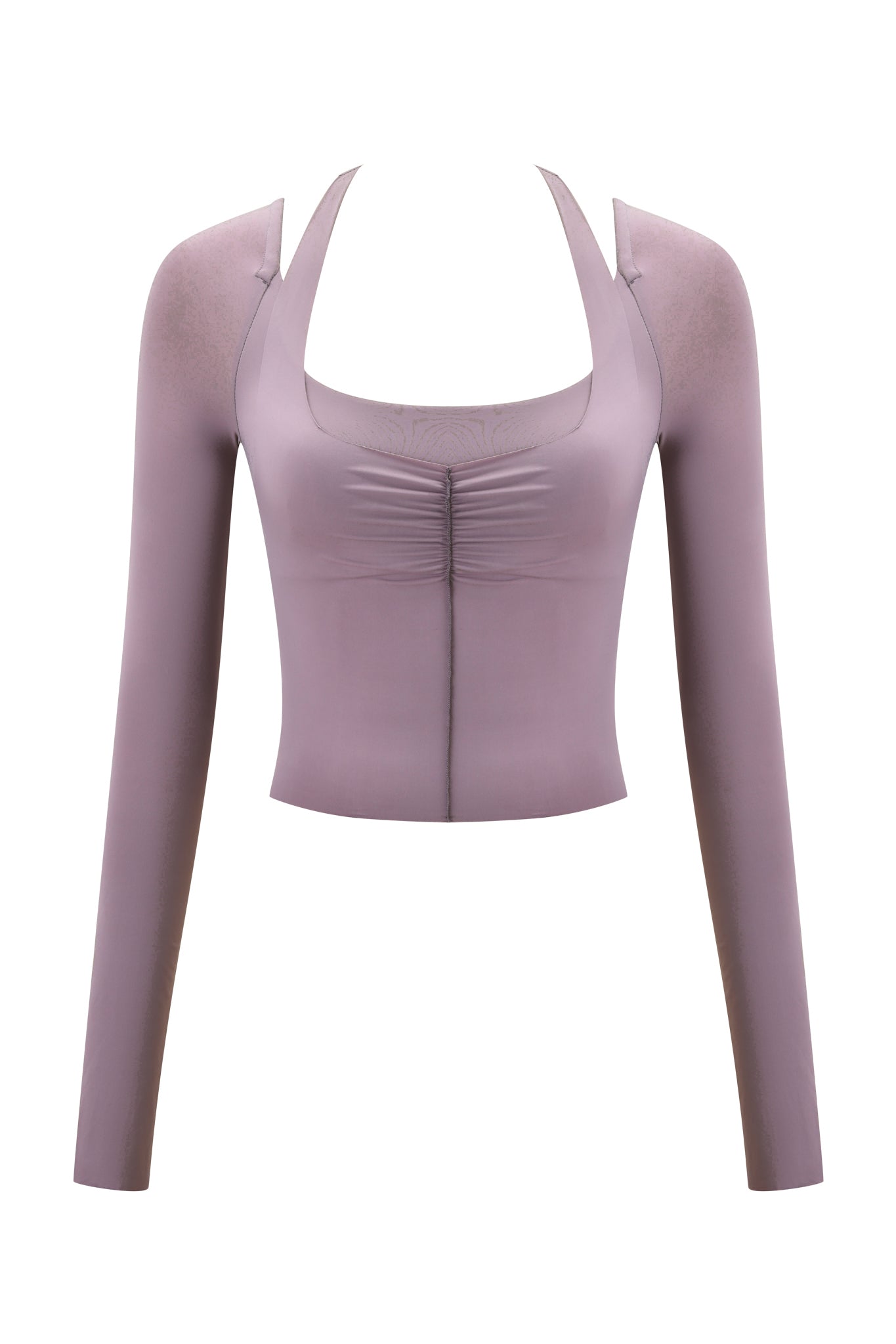 The NERINA LONG SLEEVE TOP by I.AM.GIA in dusty lilac features a square neckline, ruched front, long sleeves, and bodycon fit. Its smooth, stretchy fabric and minimalist design create an effortlessly stylish silhouette.