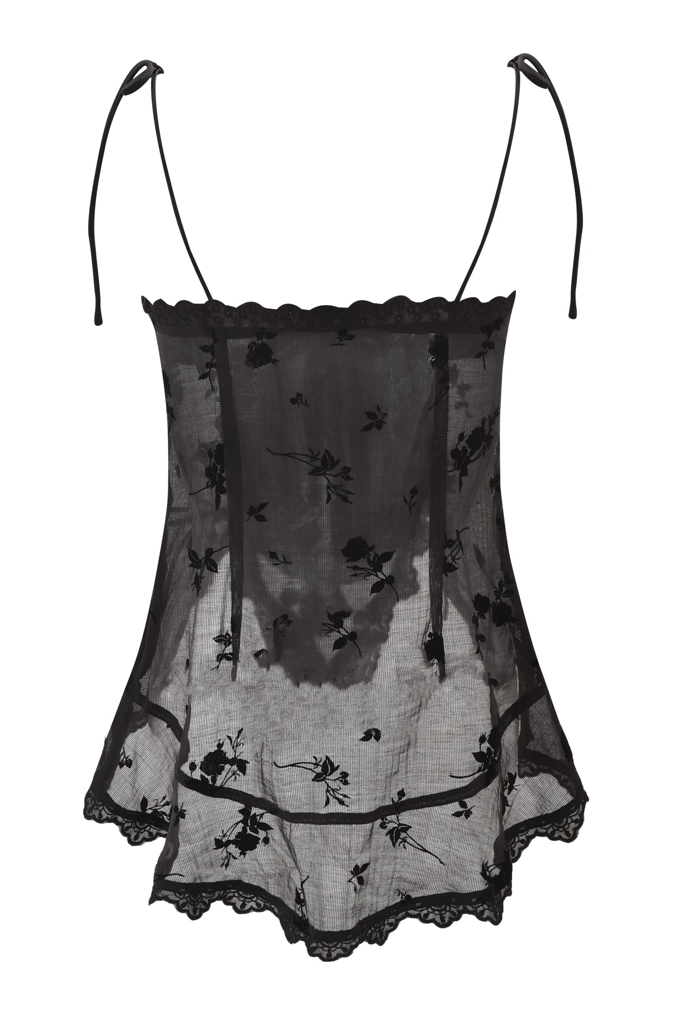 The MEADOW WOVEN CAMISOLE TOP by I.AM.GIA features sheer black lace with thin adjustable straps, floral patterns, and lace trim. Lightweight and semi-transparent, it’s perfect for layering or as a statement piece.