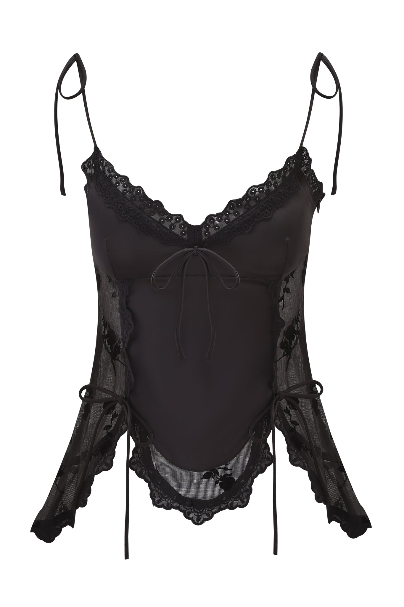 The MEADOW WOVEN CAMISOLE TOP by I.AM.GIA features black lace, thin shoulder straps, sheer mesh side panels, floral embroidery, and ribbon bows—a chic choice for any occasion.