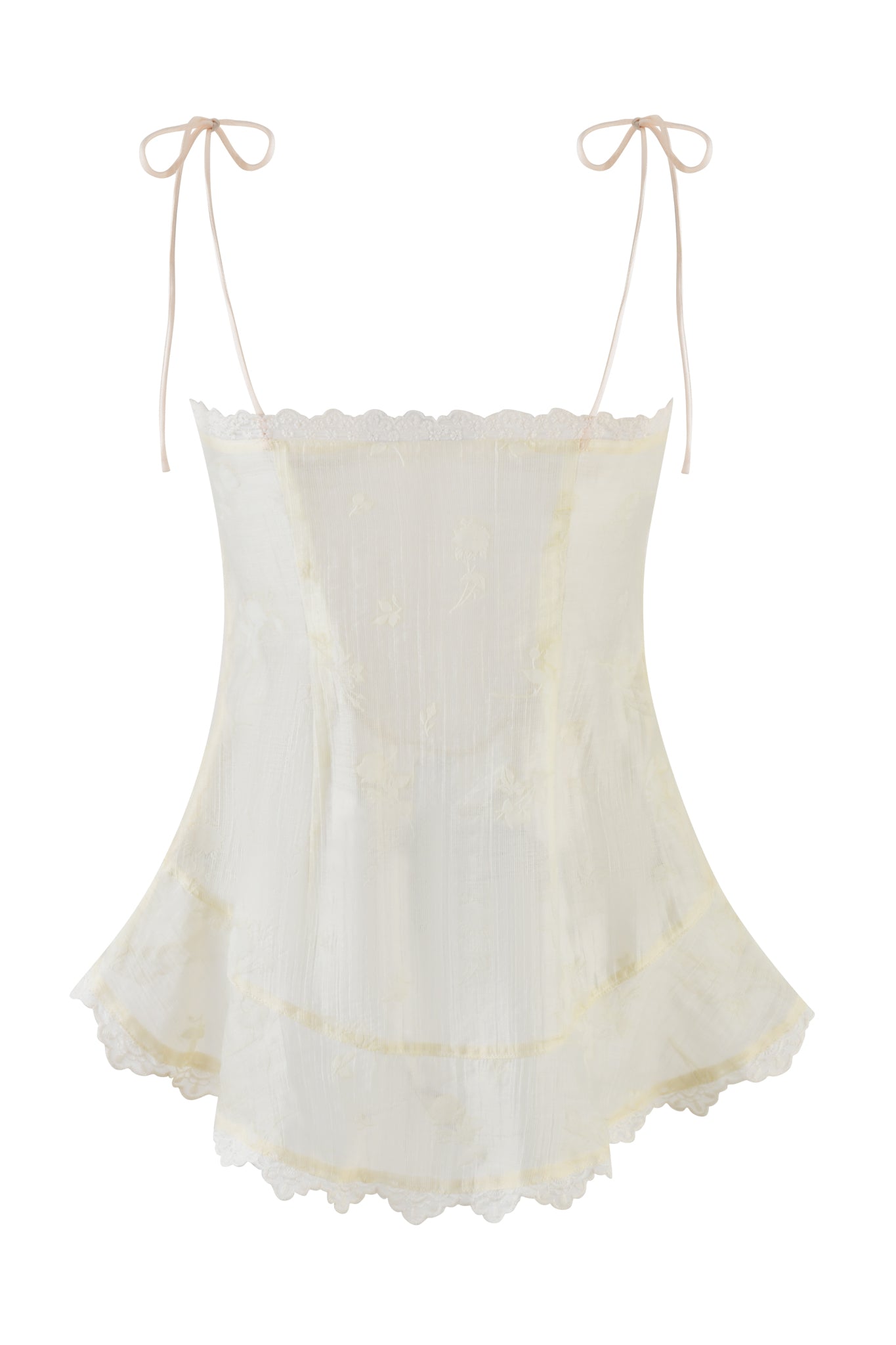 The MEADOW TOP - WHITE : FLORAL DELIGHT by I.AM.GIA is a light beige, floral lace camisole with adjustable thin straps and a flared hem. The scalloped cami features semi-sheer fabric with delicate floral patterns and intricate lace trims for an elegant look.