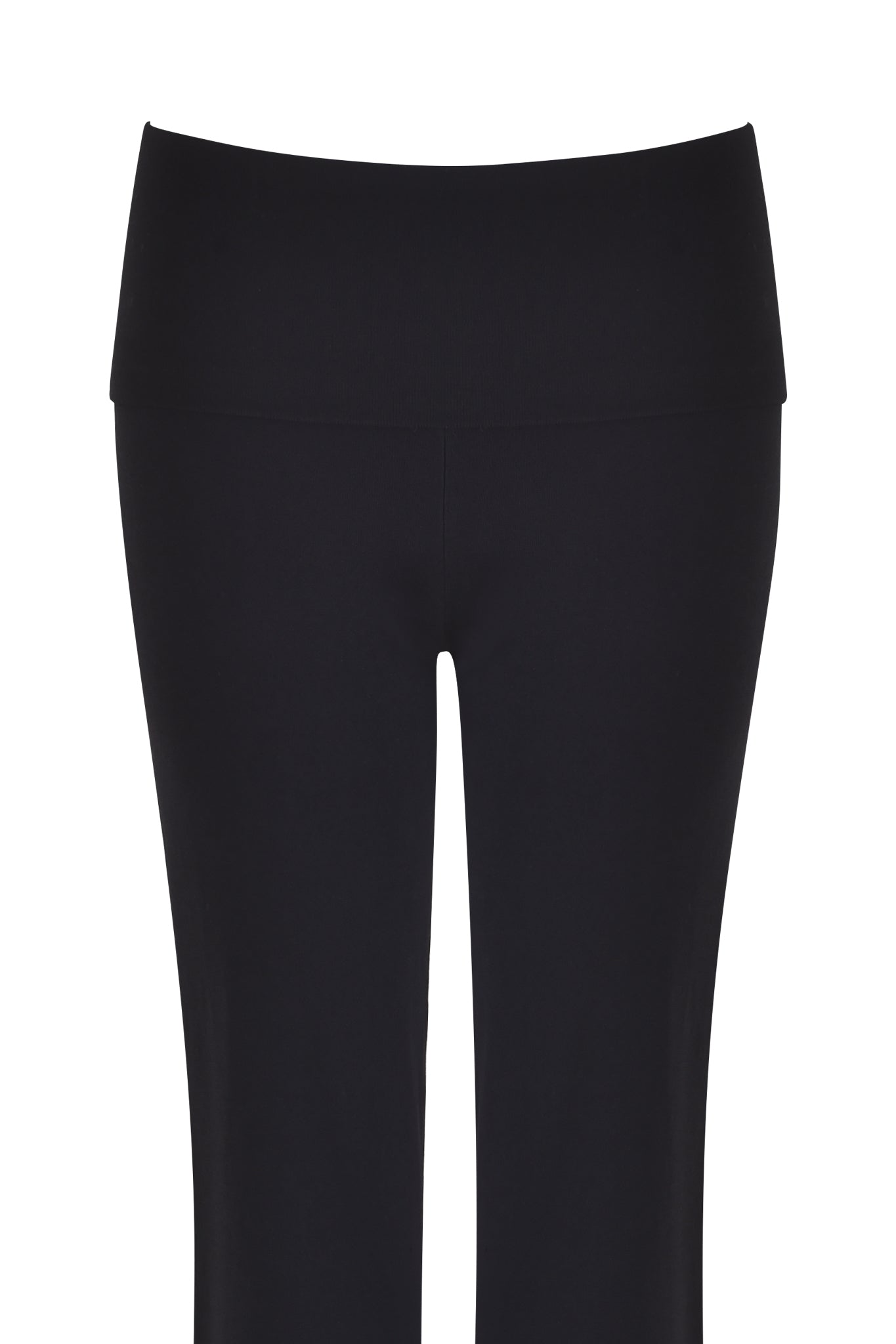 The AUDRINA PANT 2.0 - BLACK from I.AM.GIA is shown from waist to upper legs against a white background, highlighting its black foldover waistband and smooth, bodycon fit. The fabric looks stretchy and comfortable.