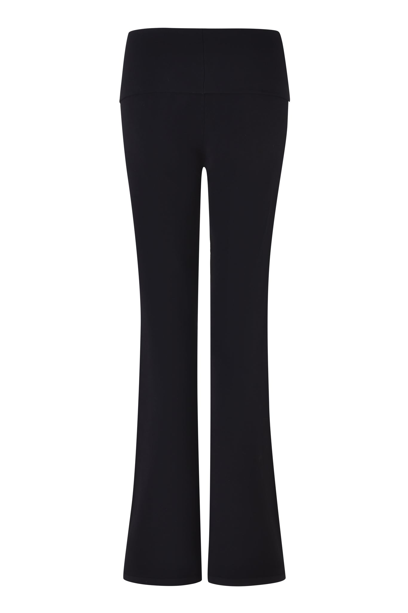 The AUDRINA PANT 2.0 - BLACK by I.AM.GIA features a black flared design with a bodycon fit and a wide foldover waistband, displayed from the back against a white backdrop.