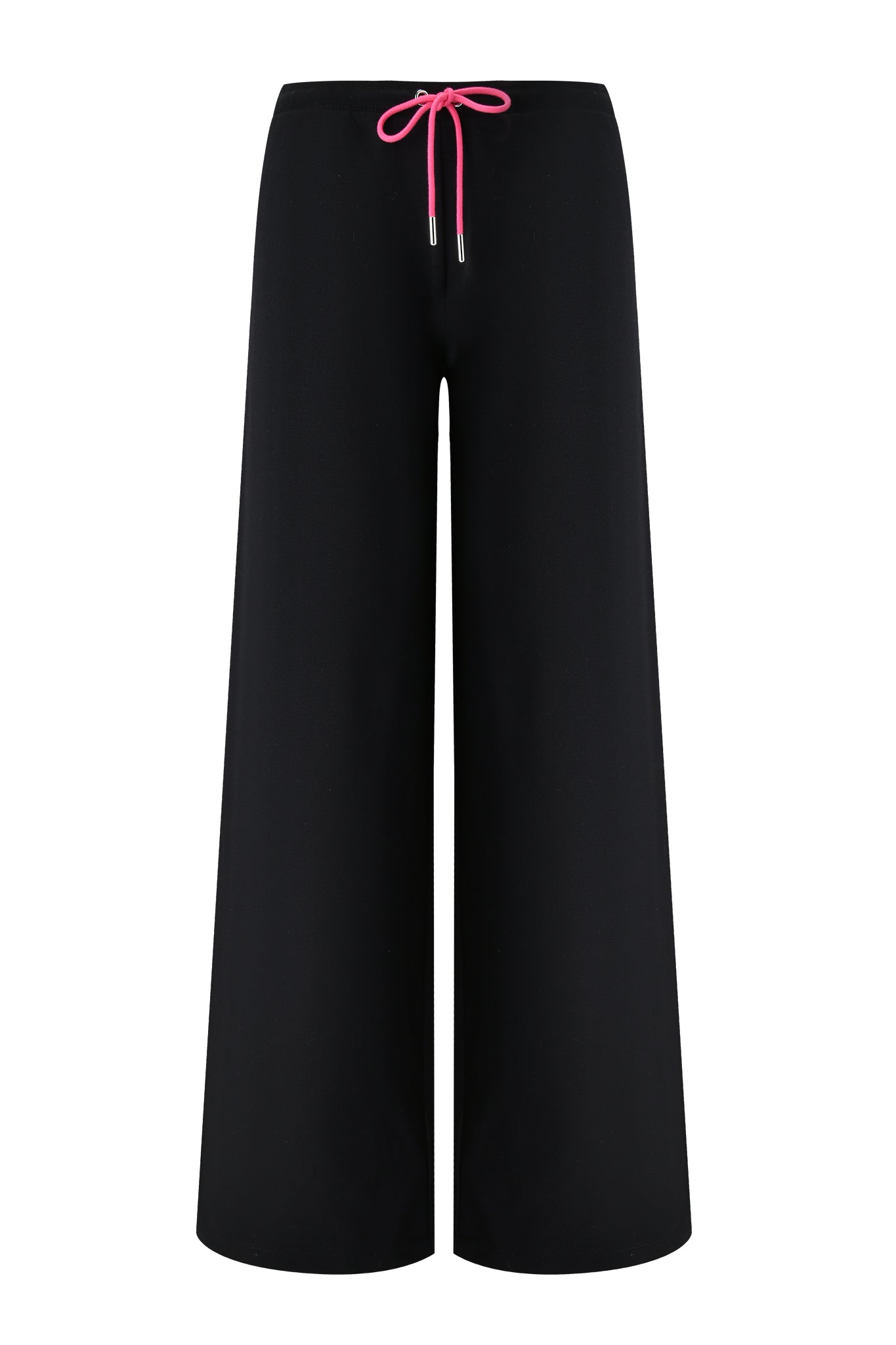 The I.AM.GIA ARLO TRACK PANT – BLACK is a wide-leg, high-waisted track pant with a vibrant pink drawstring at the waistband, shown against a white background.
