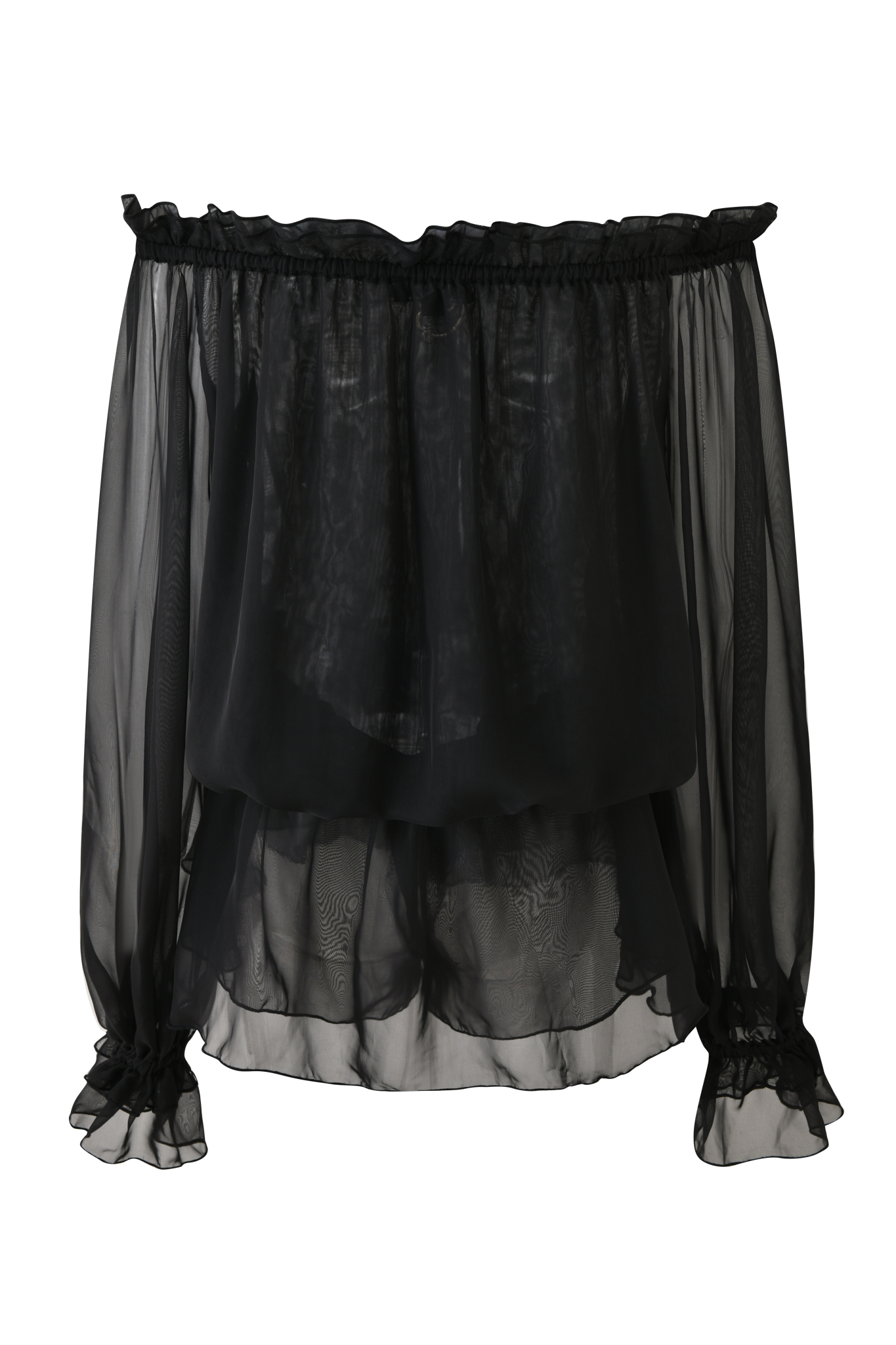 The JAZMIN PLAYSUIT - BLACK by I.AM.GIA is a sheer off-the-shoulder playsuit with long, loose sleeves and ruffled cuffs. Made from lightweight, semi-transparent fabric, its layered design creates an elegant and flirty look.