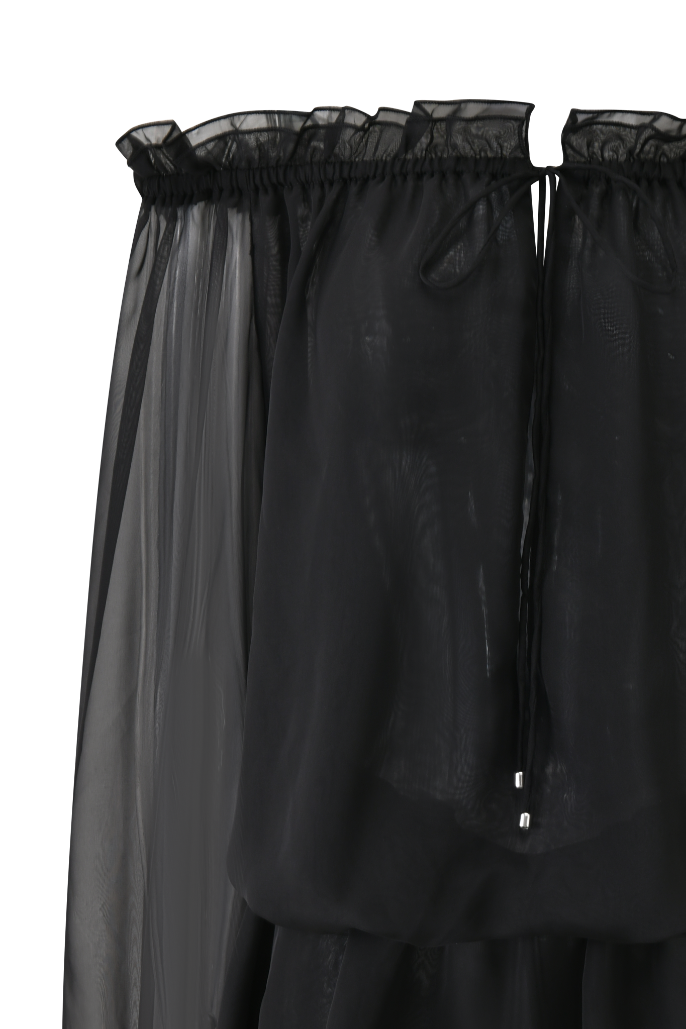 A close-up of the I.AM.GIA JAZMIN PLAYSUIT in black, showcasing a sheer off-the-shoulder design with a gathered neckline, drawstring ties, and flowy semi-transparent fabric.