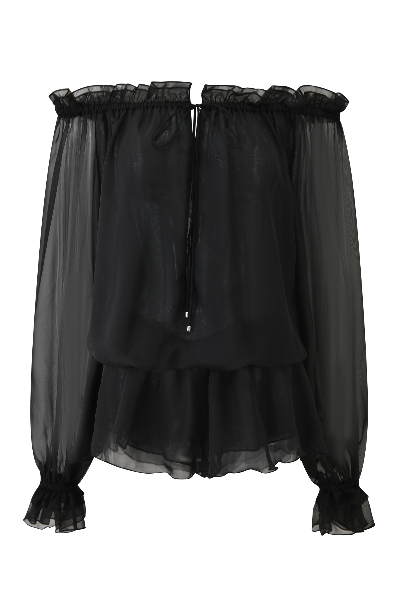 A sheer black off-the-shoulder blouse with ruffled neckline, loose long sleeves, layered hem, and neck tie—perfect to pair with the I.AM.GIA JAZMIN PLAYSUIT - BLACK or layer over your favorite mini dress.