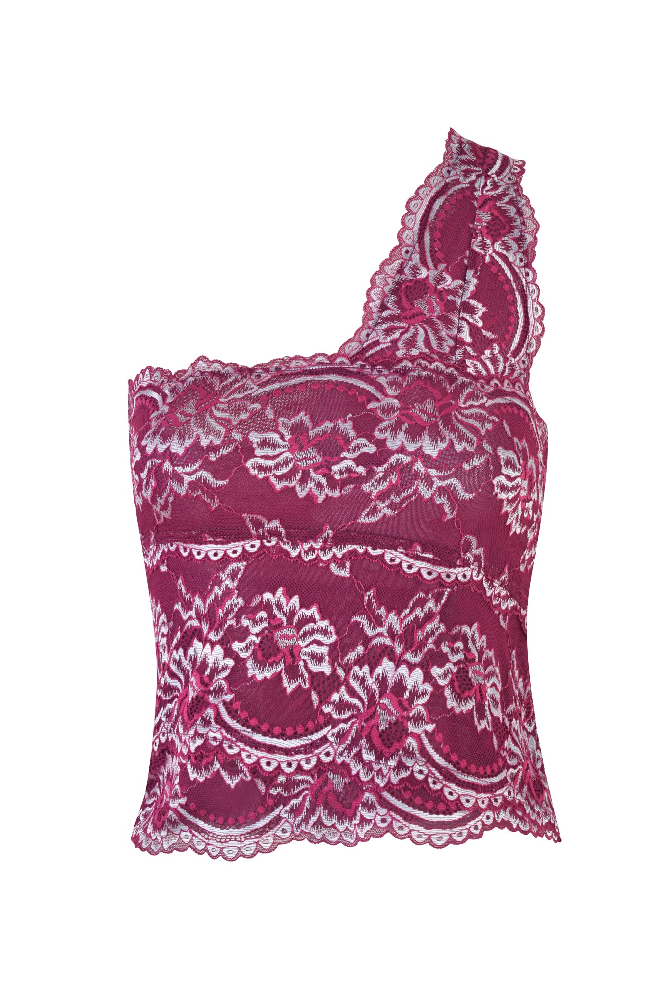 The PHOENIX TOP - PURPLE: PLUM by I.AM.GIA is an elegant plum lace top with a floral pattern. It features a one-shoulder design, sleeveless style, and a single lace-detailed shoulder strap, enhancing its sophisticated appeal.