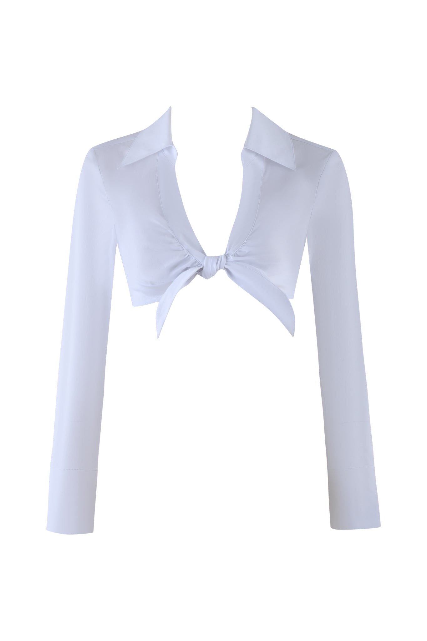 The I.AM.GIA MILLER TOP in white is a long-sleeve, super cropped shirt with a deep V-neck and adjustable tie-front closure. It features pointed collars and has a smooth, lightweight fabric for a tailored fit.