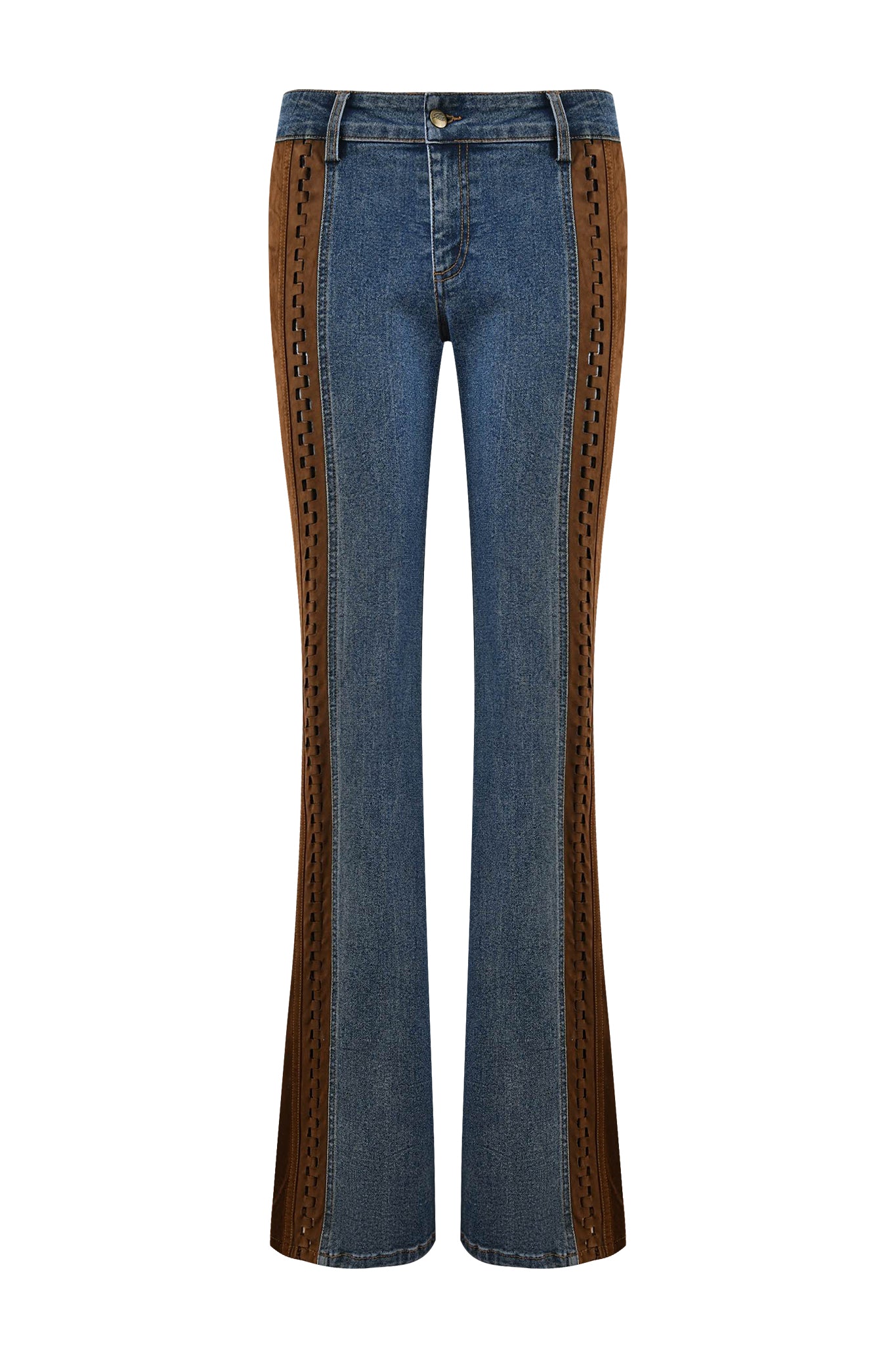 The FORREST PANT - BLUE: MEDIUM WASH by I.AM.GIA features a vintage washed blue denim, mid-rise flare design with brown suede side panels, lace-up detailing, and a front button and zipper closure for a unique retro-modern style blend.