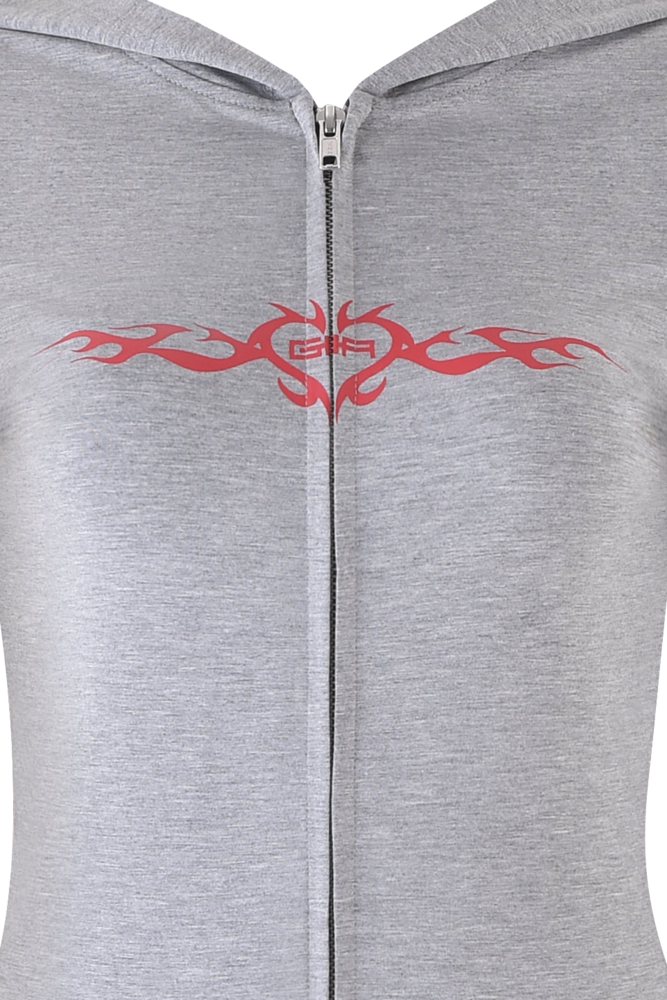 A close-up of the BLARE HOODIE - GREY by I.AM.GIA in Dove Grey features a bold red tribal flame design and GIA Flame logo on the chest, with a full-length zipper adding versatility to this striking piece.